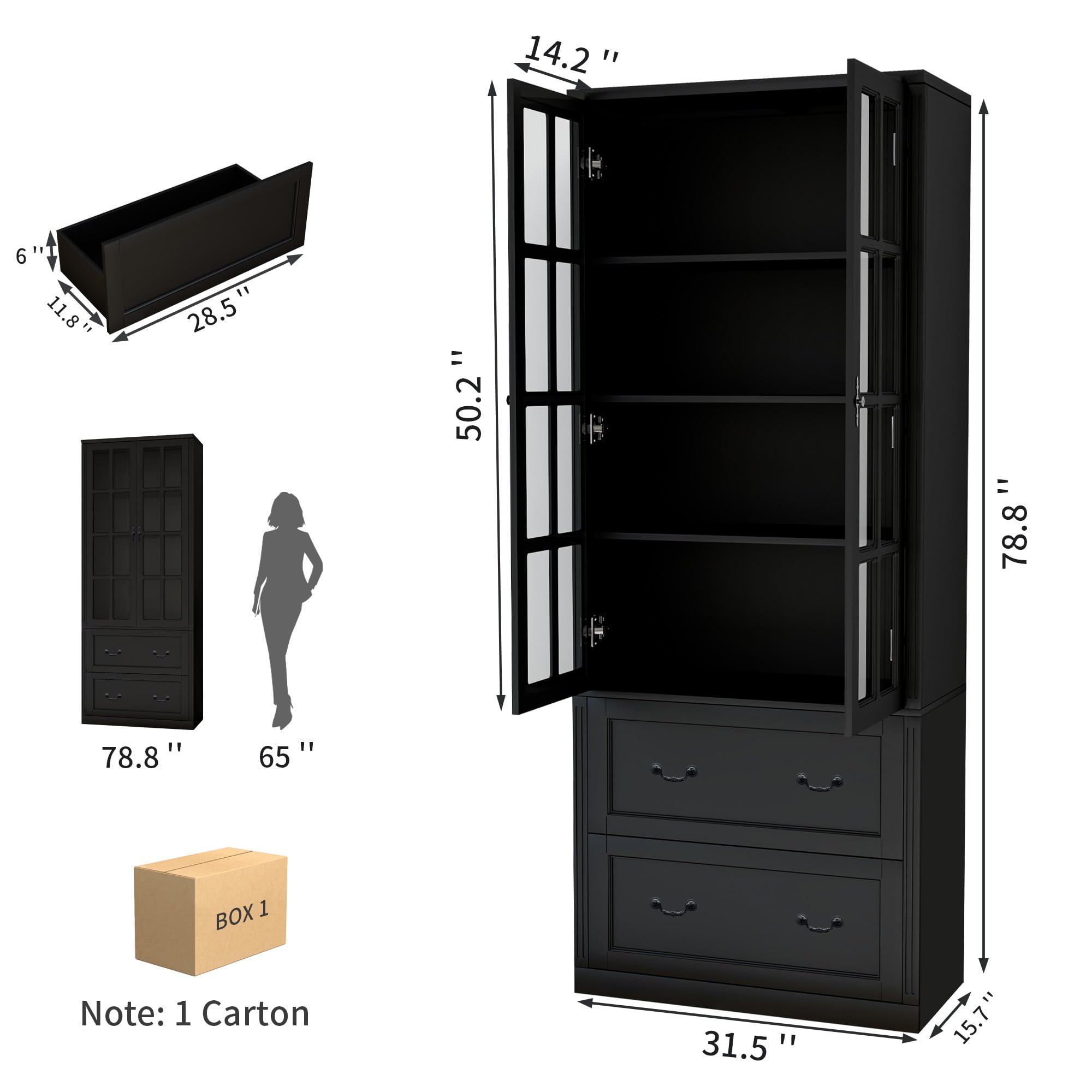 Tall Storage Cabinet with Glass Doors and Drawers