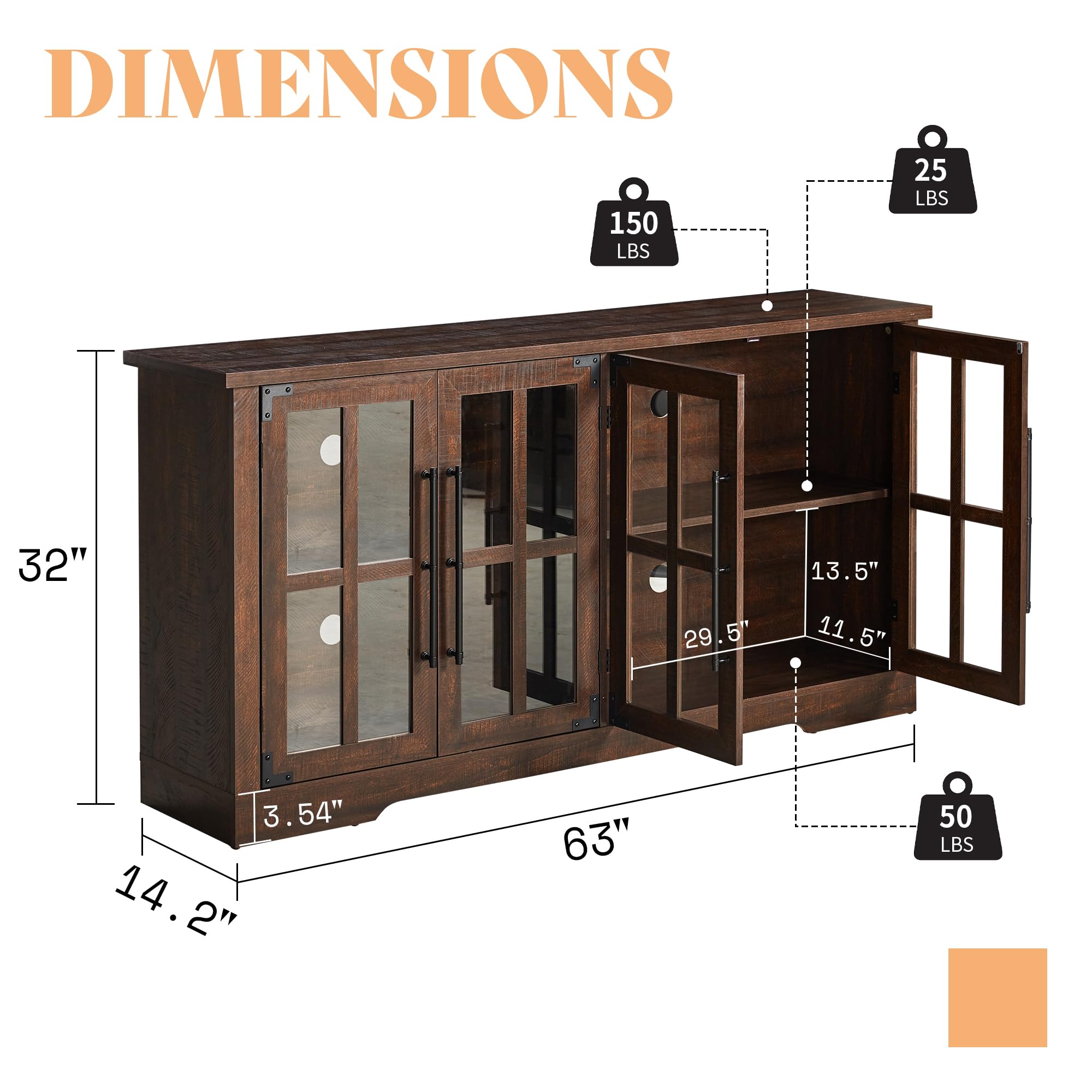 63" Farmhouse Buffet Sideboard Cabinet with Glass Door