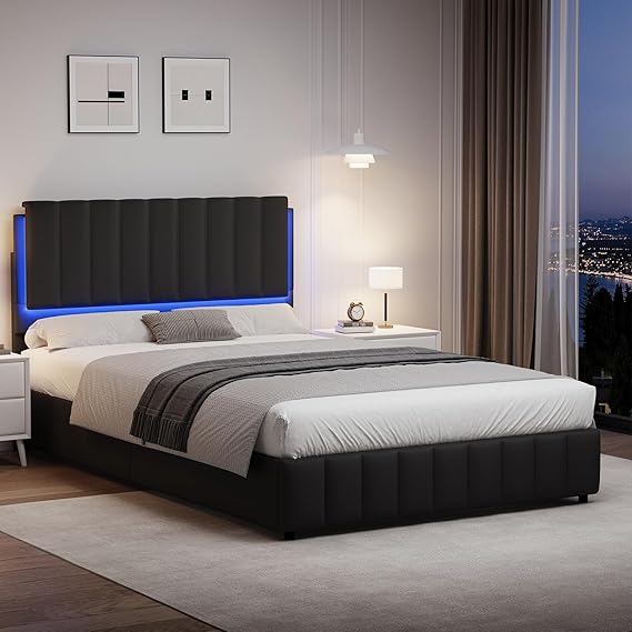 Pink Queen LED Bed Frame with Upholstered Headboard