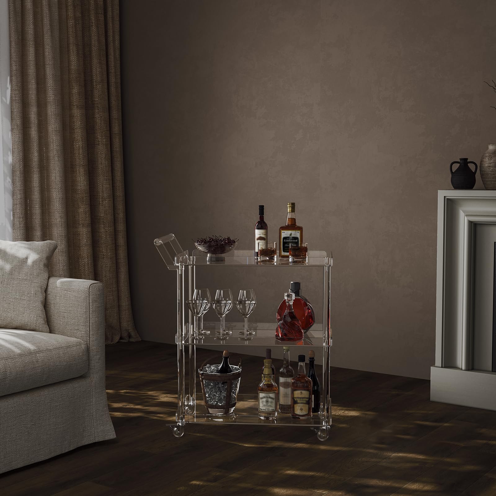 Acrylic Bar Cart with 4 Lockable Wheels - 3-Tier Rolling Serving Cart