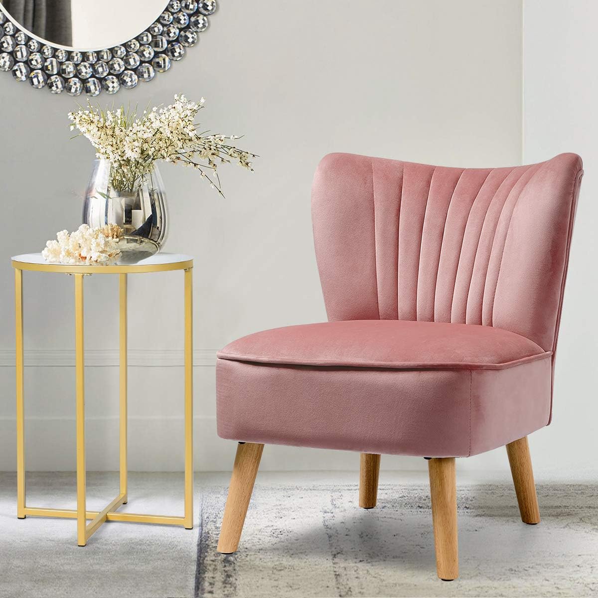 Pink Velvet Accent Chair with Wood Legs