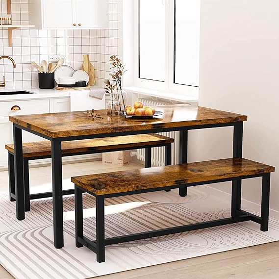 Dining Table Set with 2 Benches Black