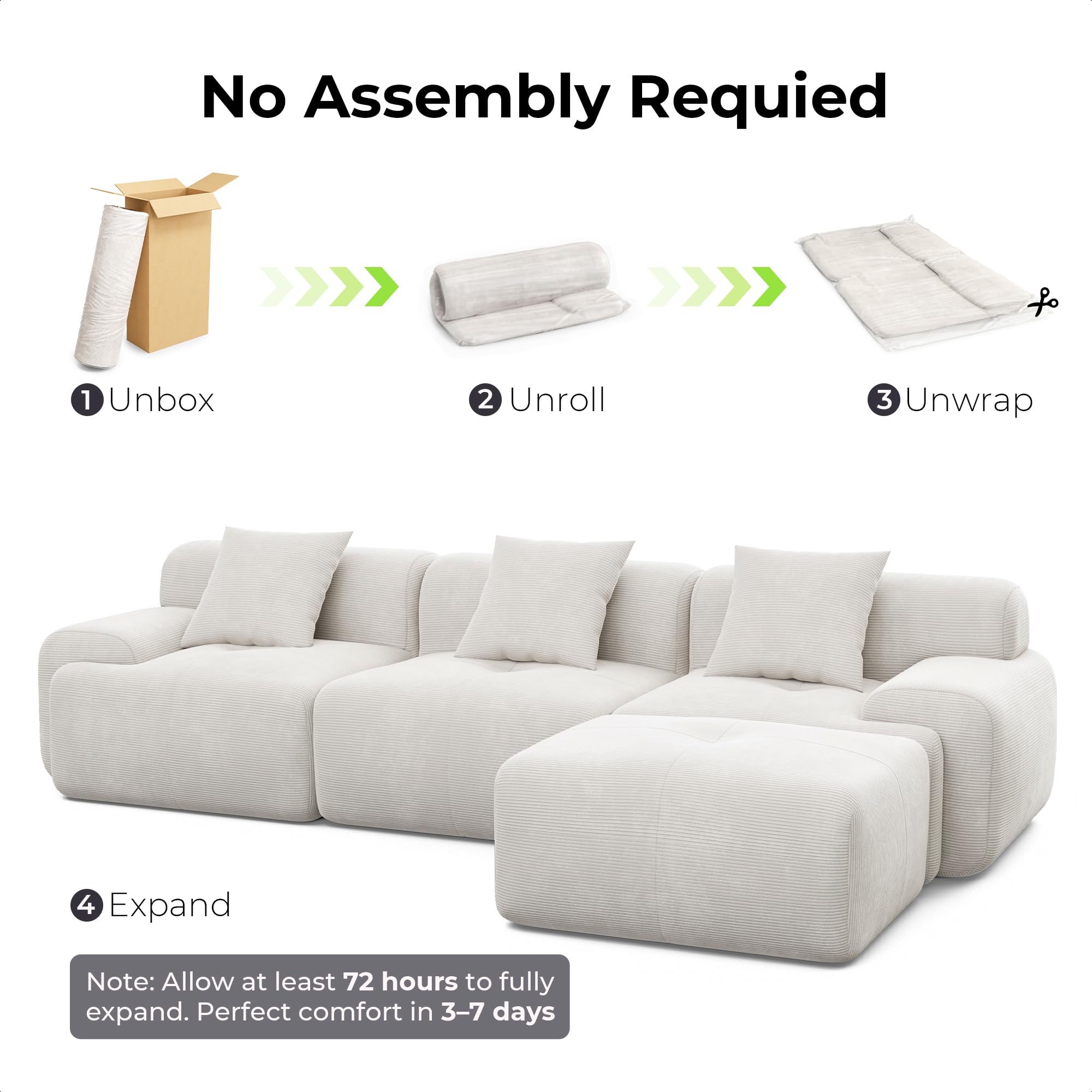 118" Modern L-Shaped Modular Sectional Sofa with Deep Seat and Movable Ottoman