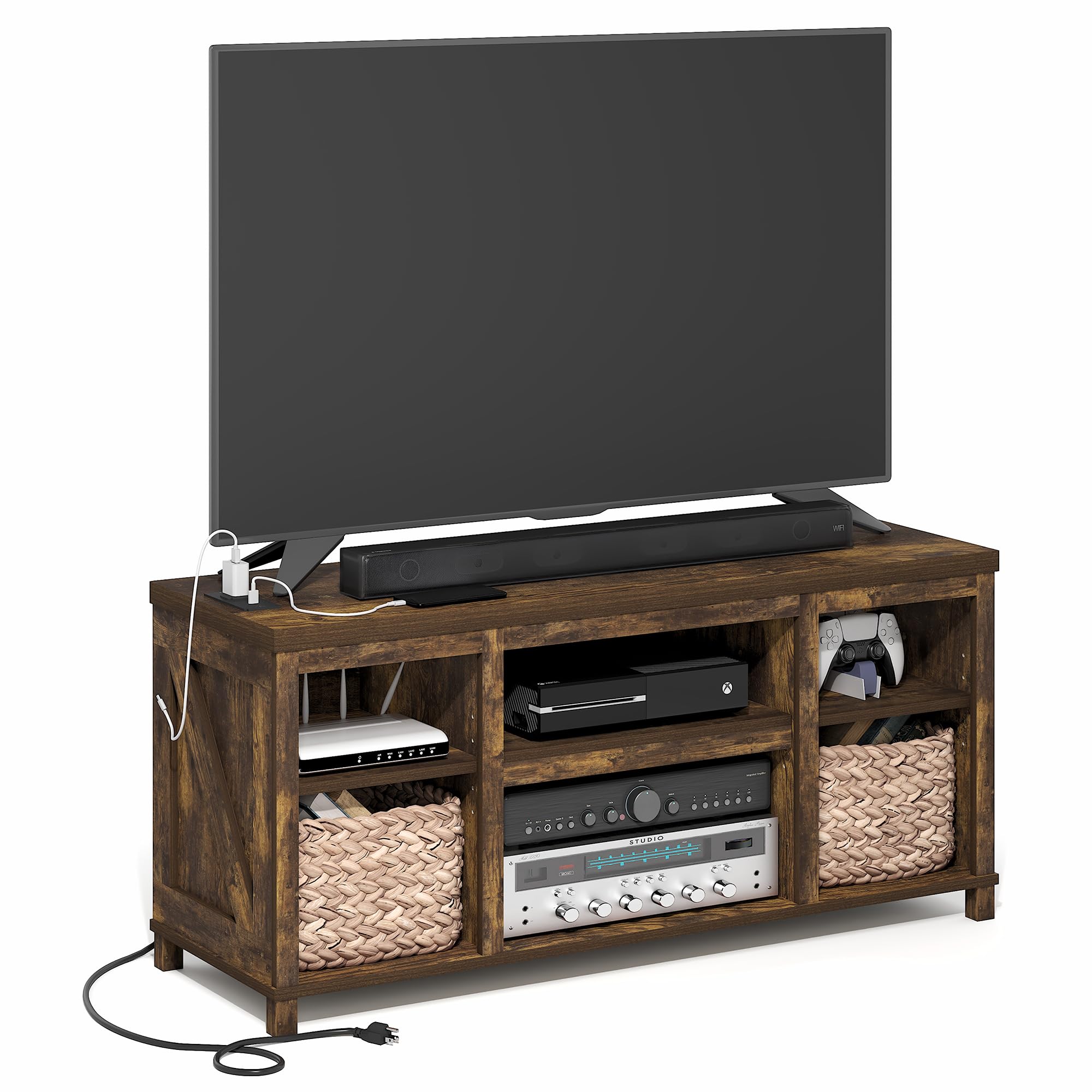 Farmhouse TV Stand with USB Charging Station