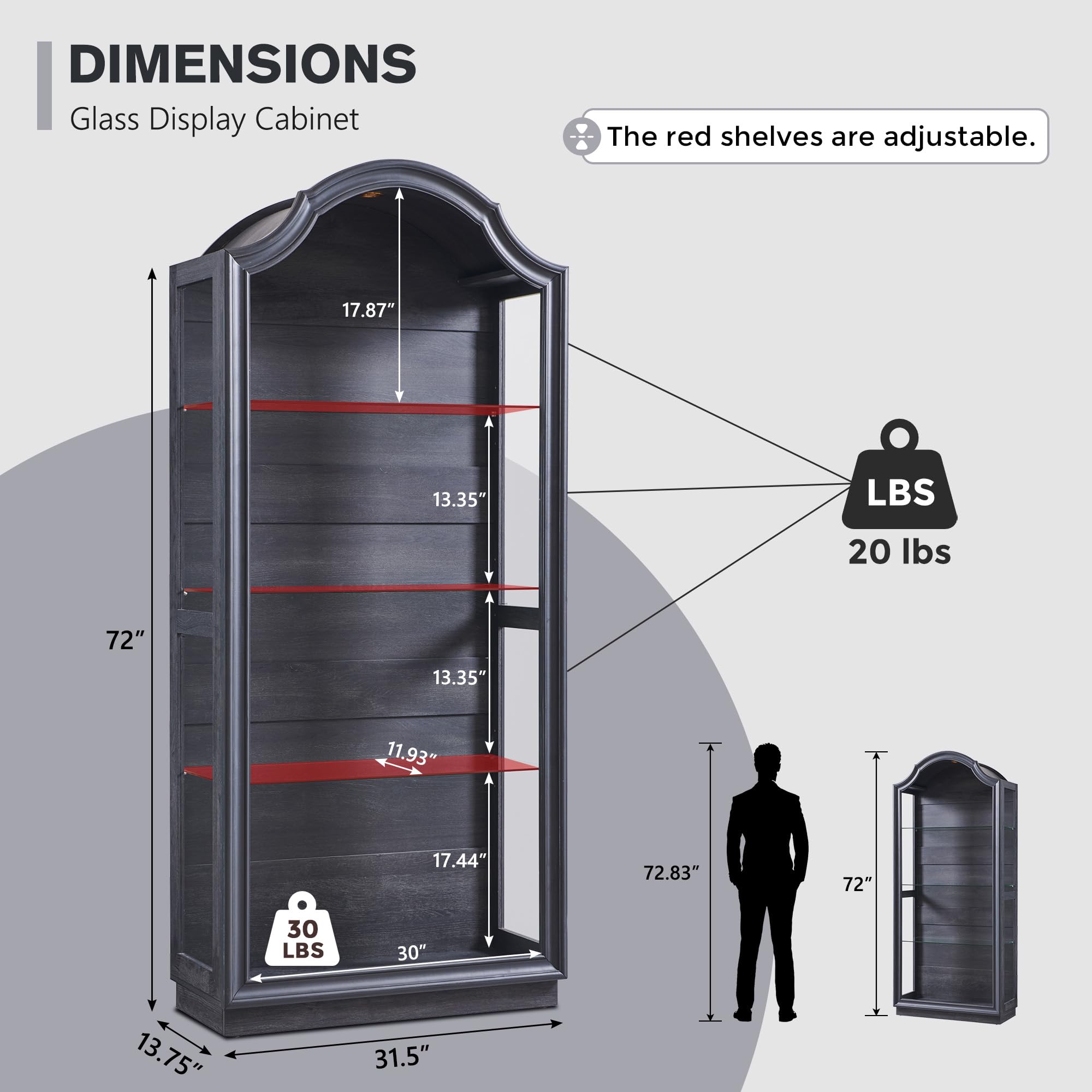 72" Arched Glass Display Cabinet with LED Lights
