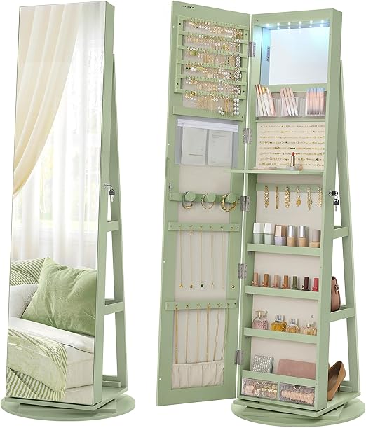 LED Lockable Mirror Jewelry Cabinet with 360° Swivel Stand