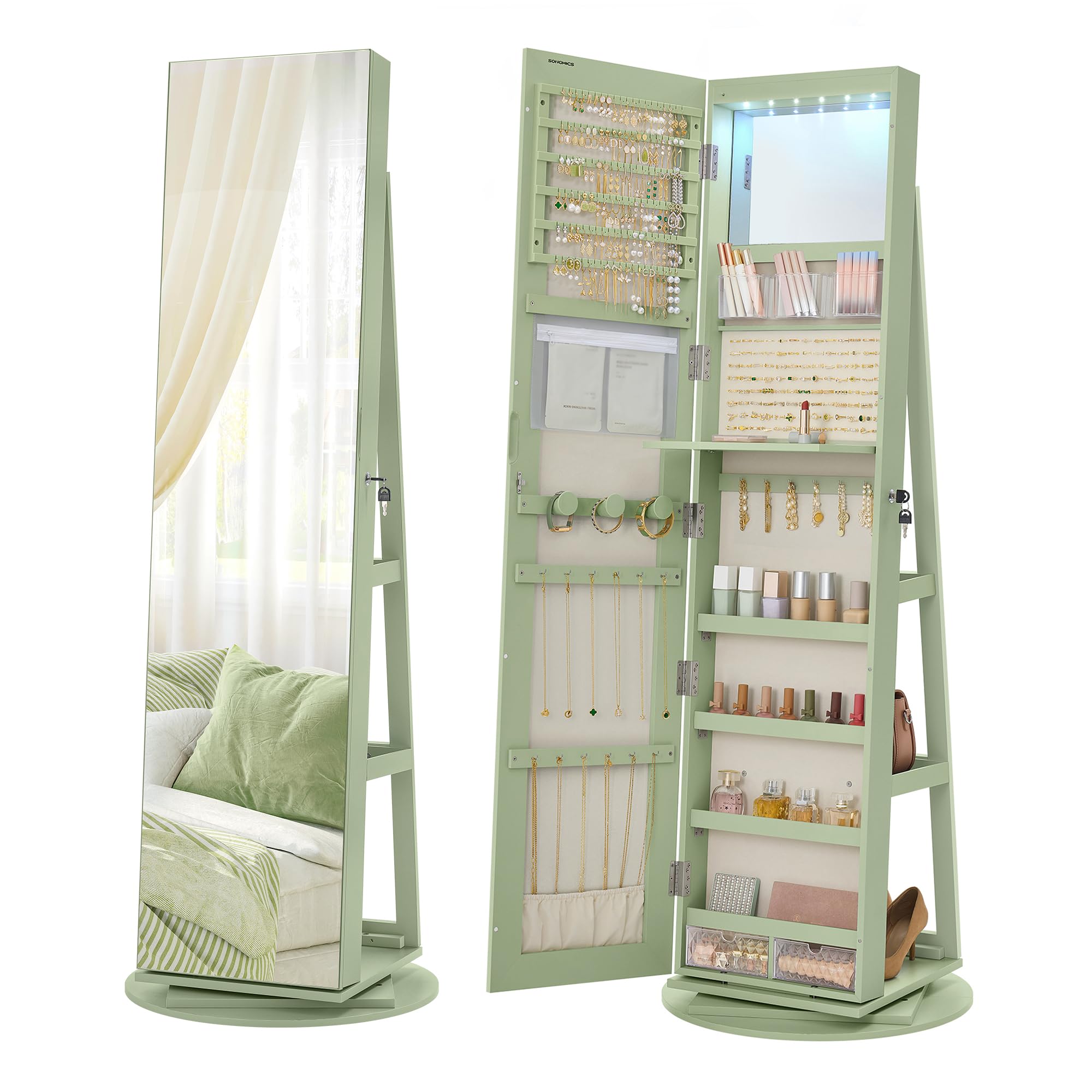 6 LEDs Lockable Mirror Jewelry Cabinet 360° Swivel Organizer Armoire