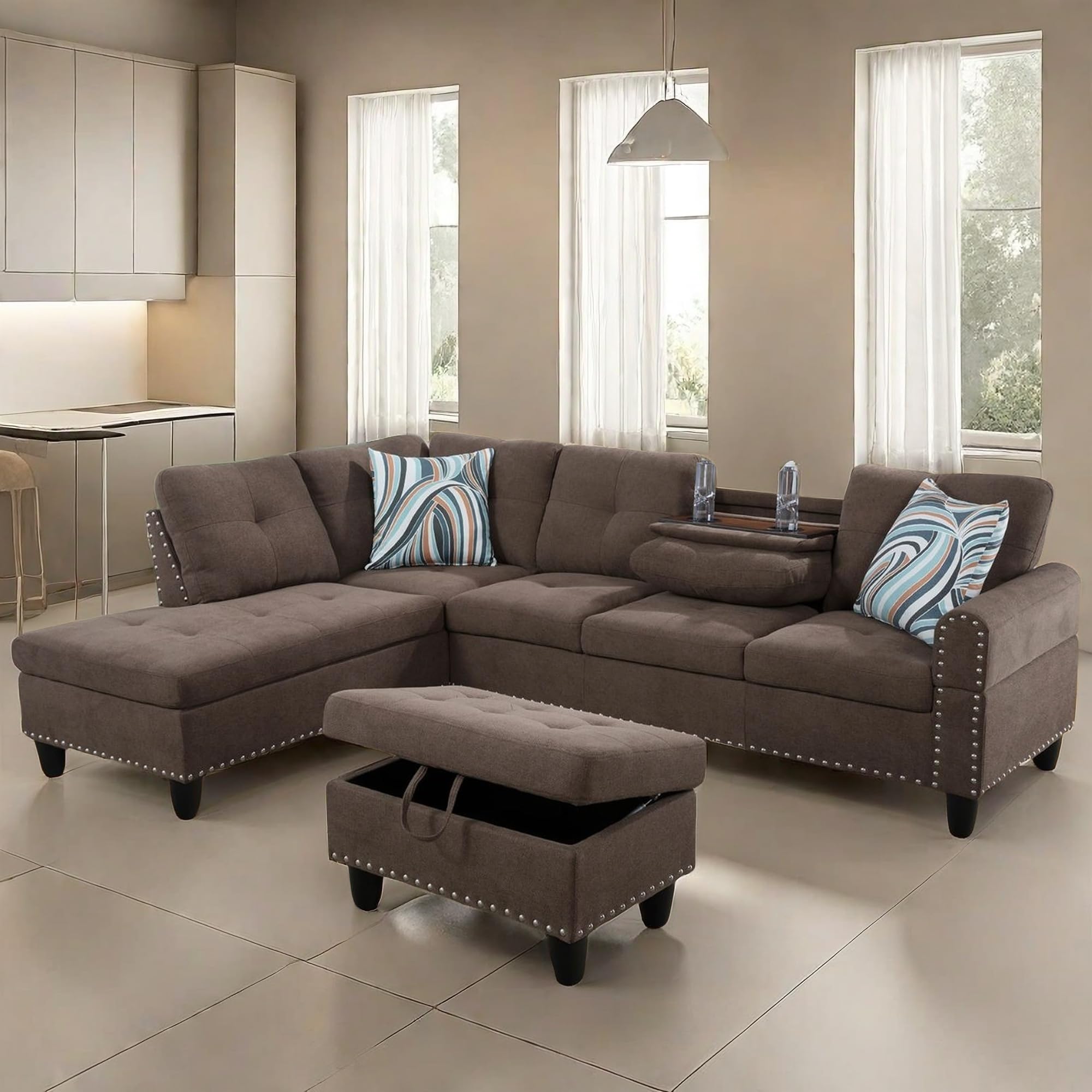 L-Shaped Sectional Sofa with Cup Holder