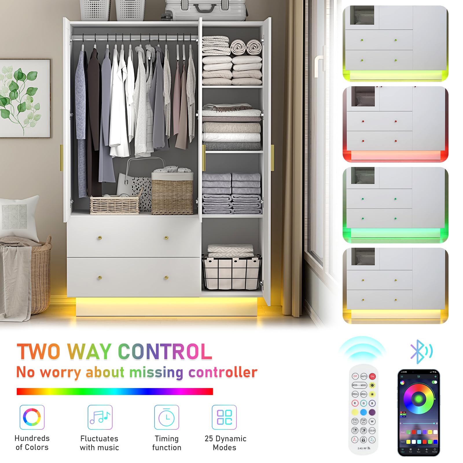 3 Door Wardrobe Closet with Mirror LED Lights Drawers Shelves