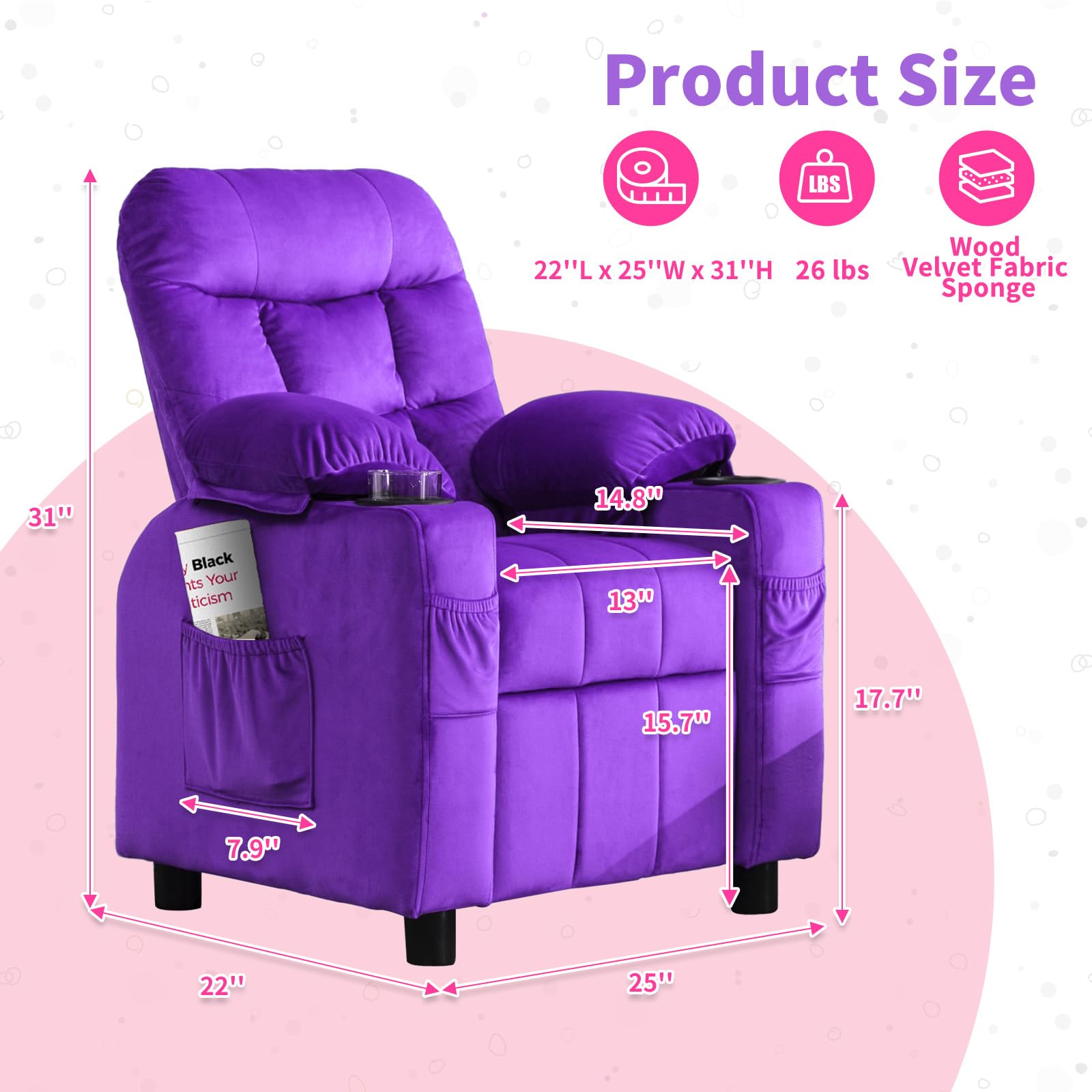 Kids Recliner, Toddlers Kids Recliner Chair with Cup Holder, Ergonomic Adjustable Velvet Lounge Chair with Footrest & Side Pockets, Toddlers Baby Sofa for Boys Girls Bedroom (Purple)