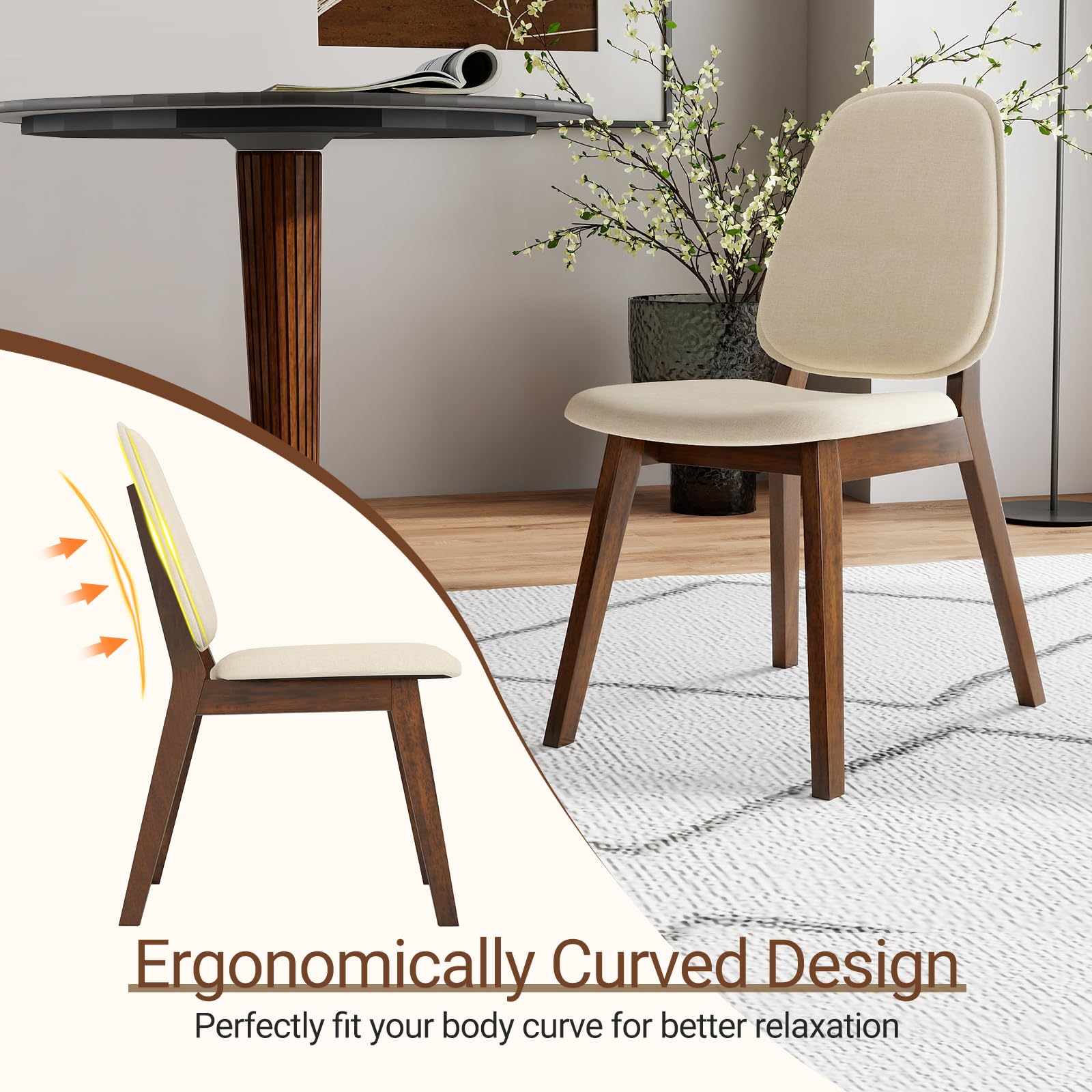 Wooden Dining Chairs Set of 4 - Linen Upholstered with Curved Back