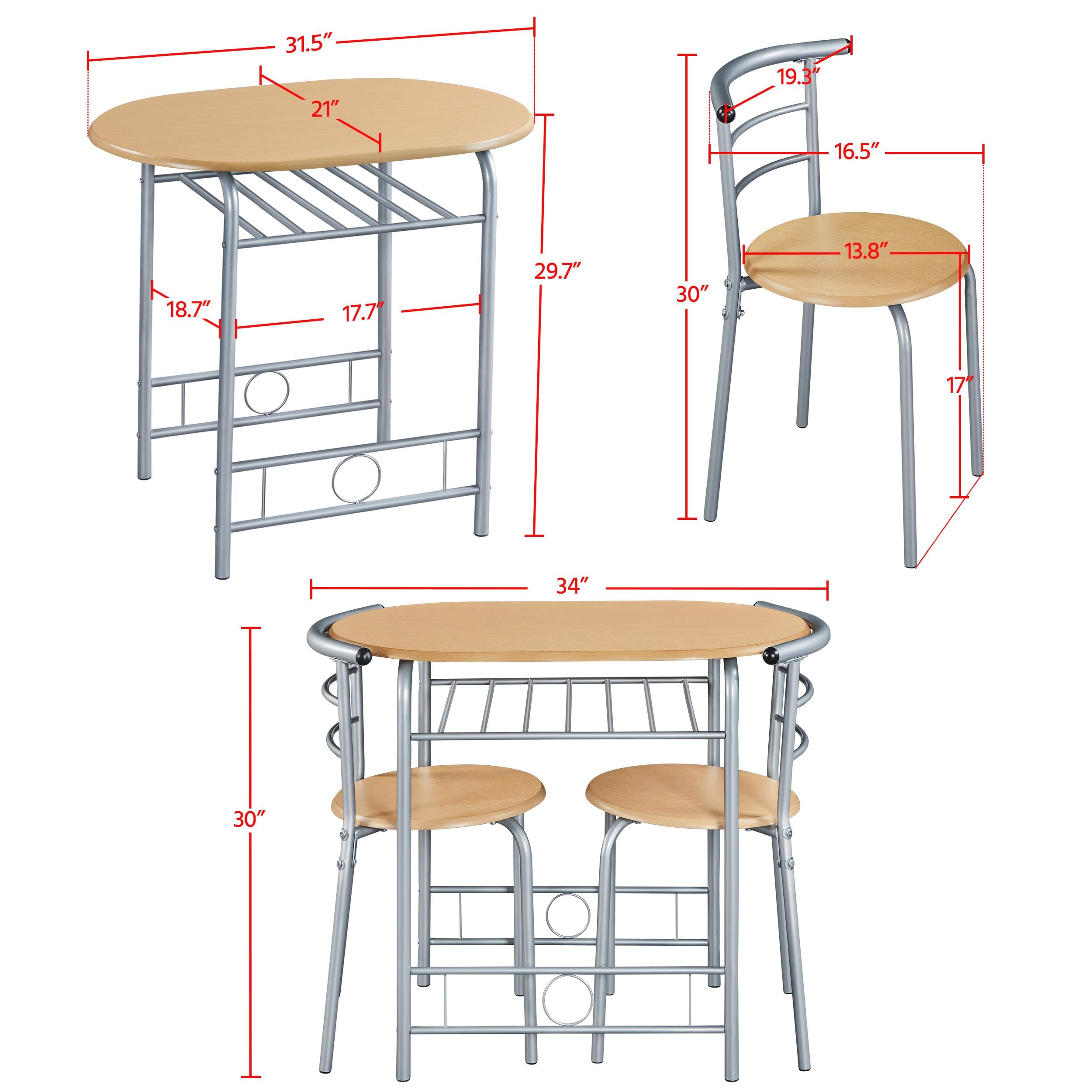Yaheetech 3 Piece Dining Table Set, Kitchen Table & Chair Sets for 2, Compact Bistro Table Set with Steel Legs, Built-in Wine Rack for Small Space, Apartment, Breakfast Nook, Natural