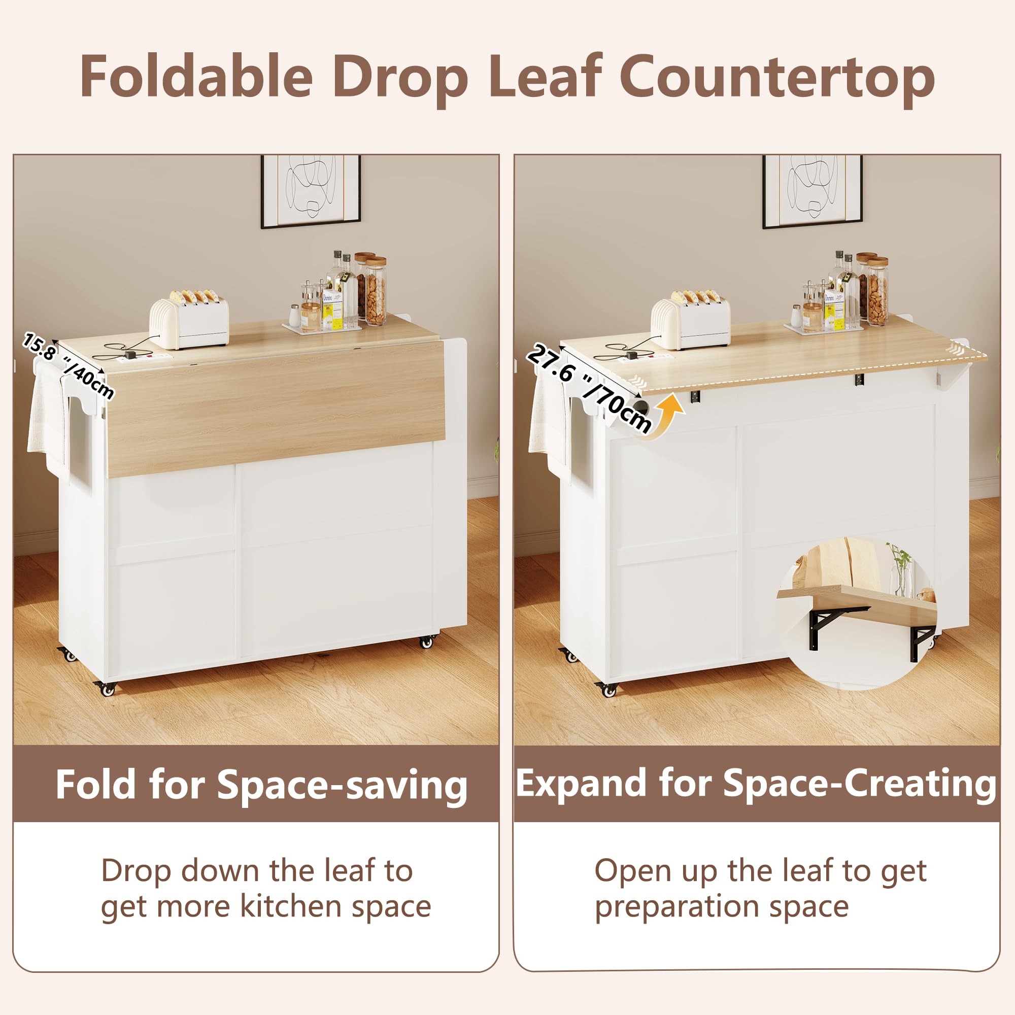 Rolling Kitchen Island with Trash Can Storage and Power Outlets