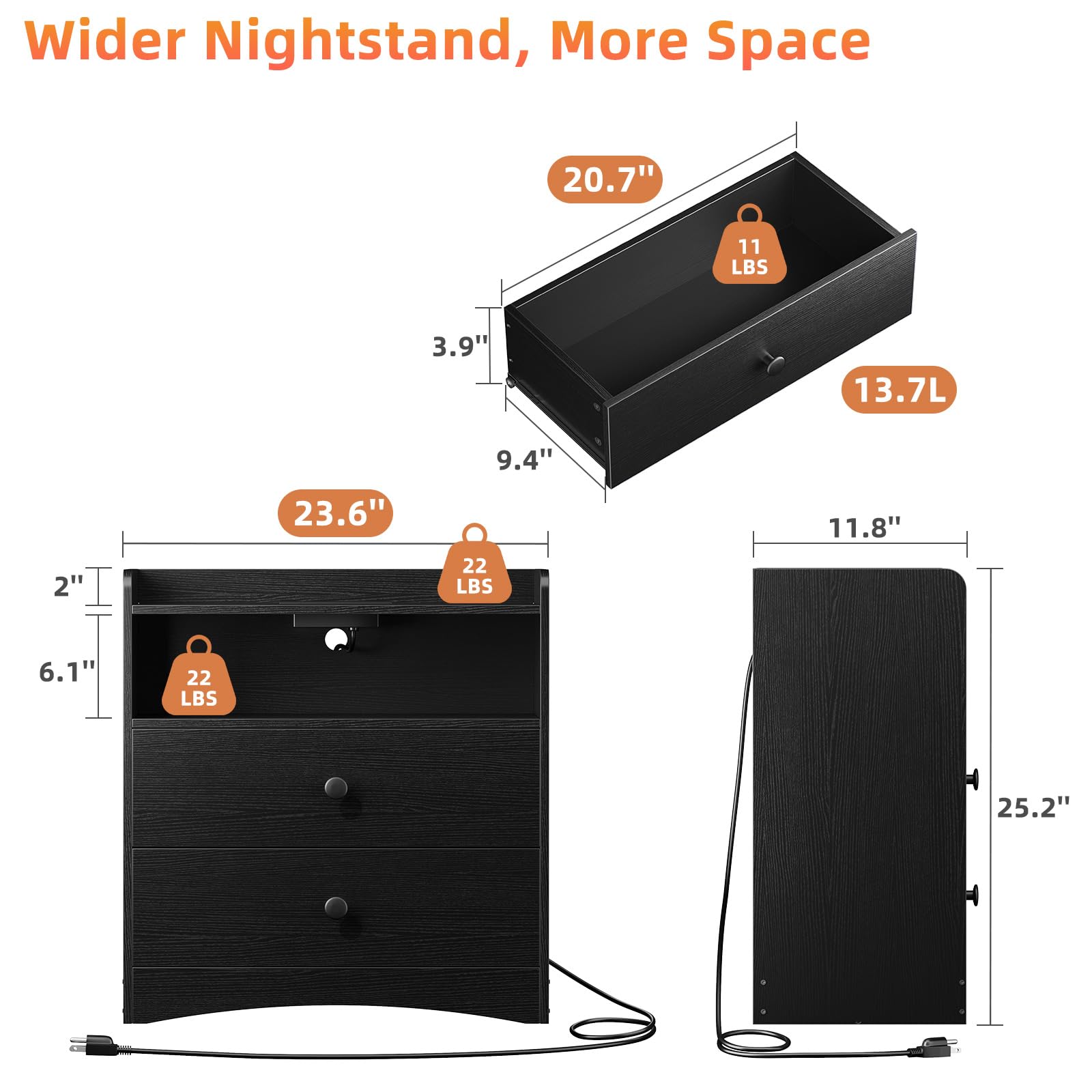 Nightstand with Charging Station and LED Light