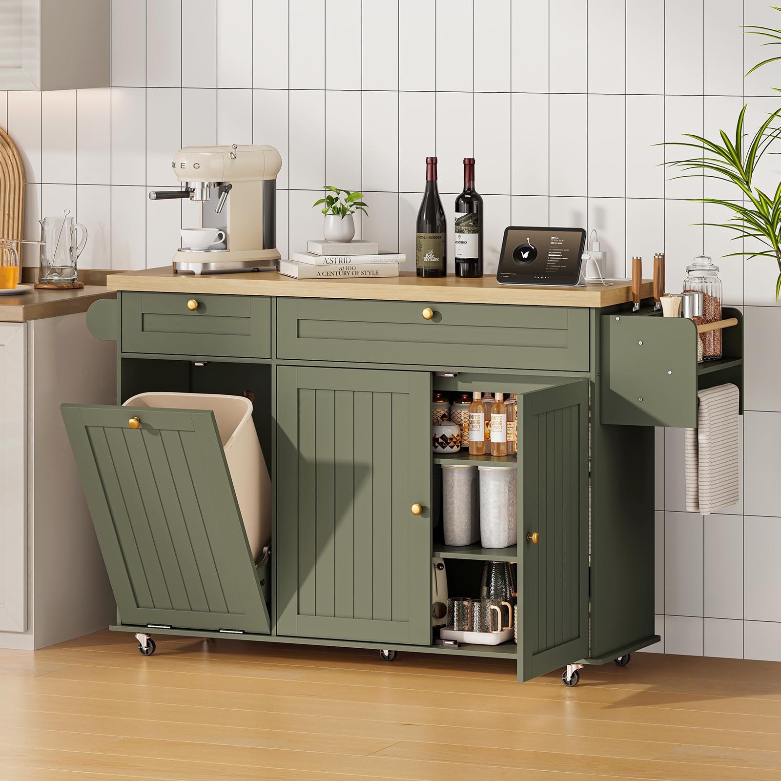 Kitchen Island with Power Outlet and Drop Leaf