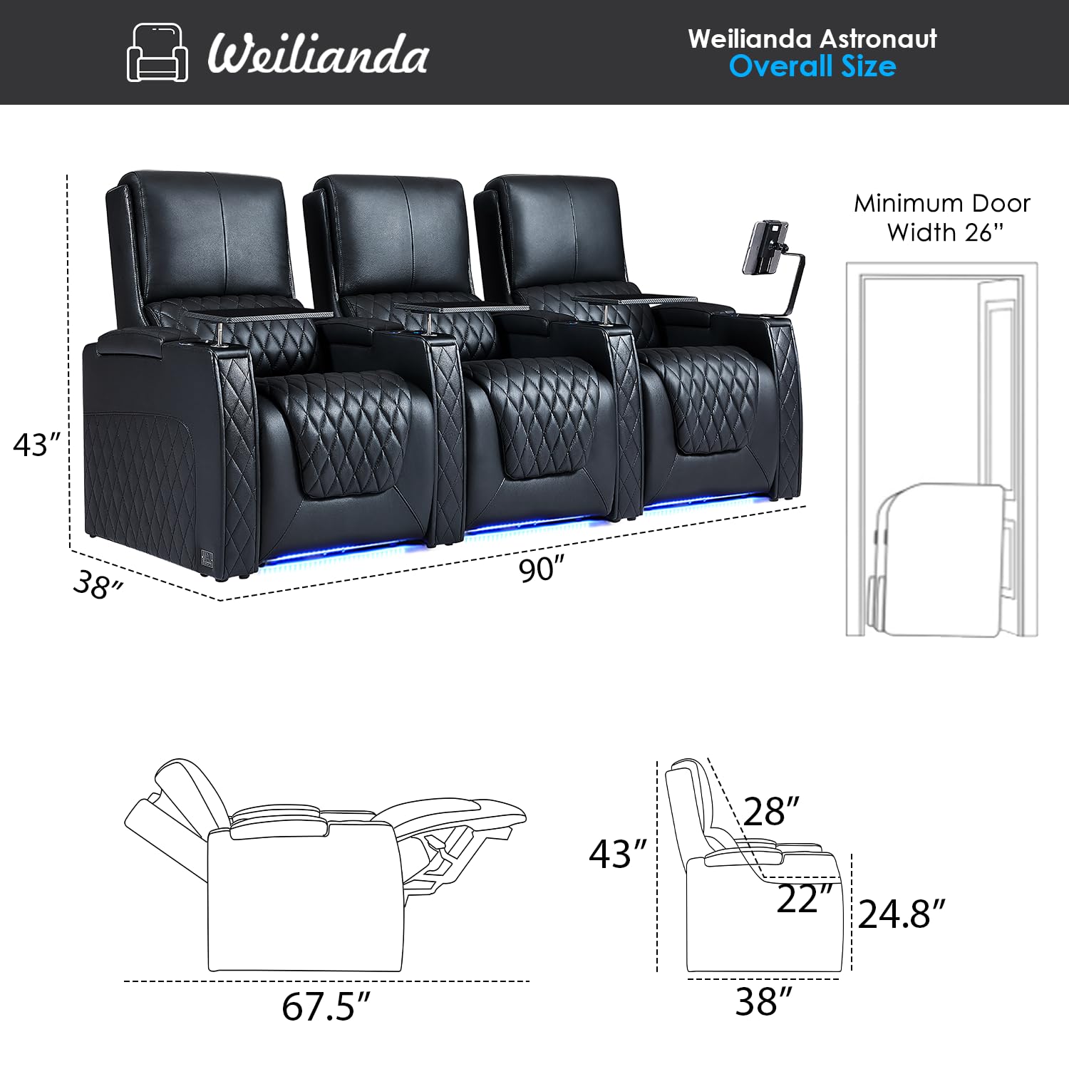 Zero Gravity Home Theater Recliner Sofa Row of 3