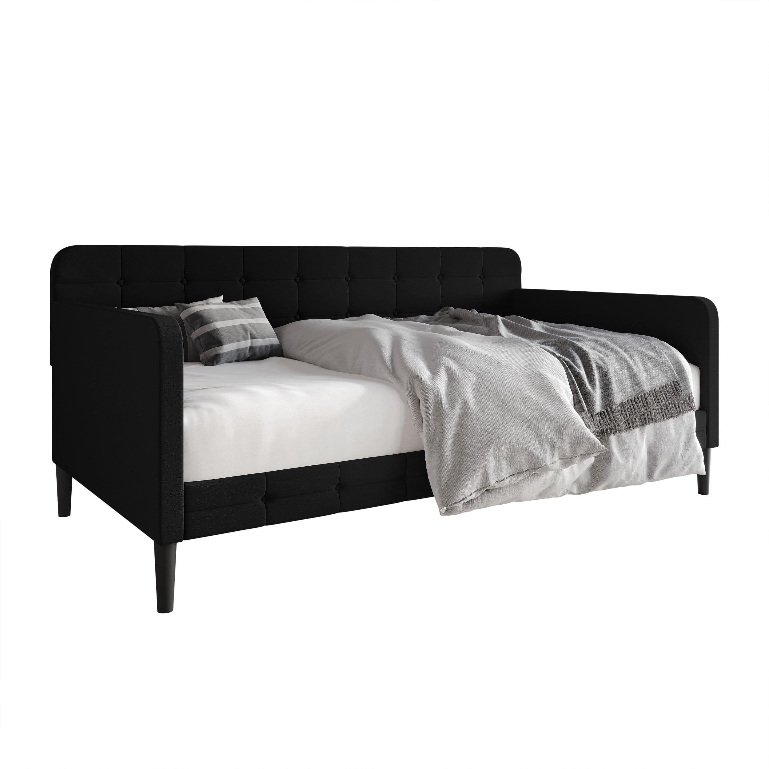 Fallon Linen Upholstered Button Tufted Daybed with Square Recessed Arms - Black