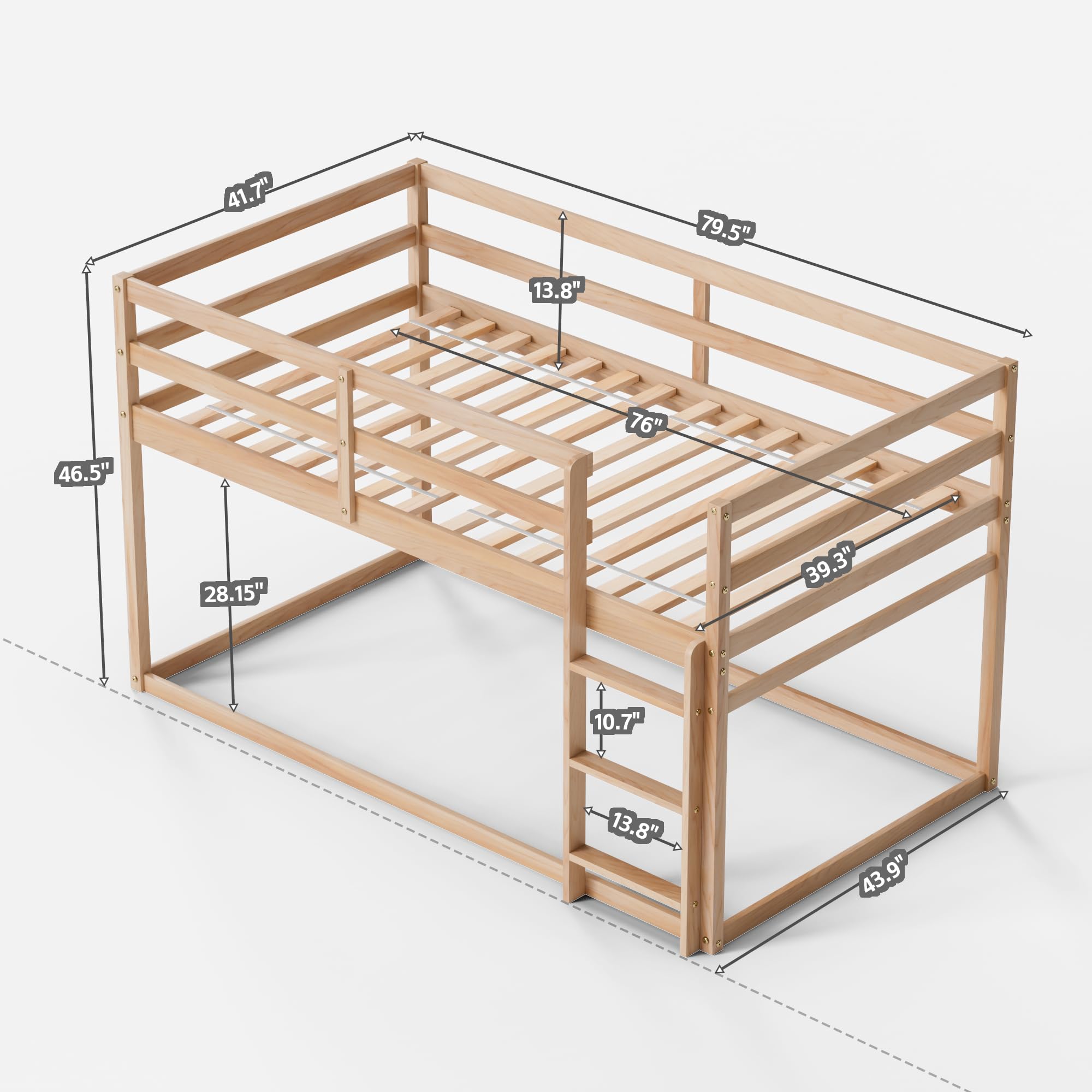 Low Bunk Bed Twin Over Twin with Ladder and Guardrails