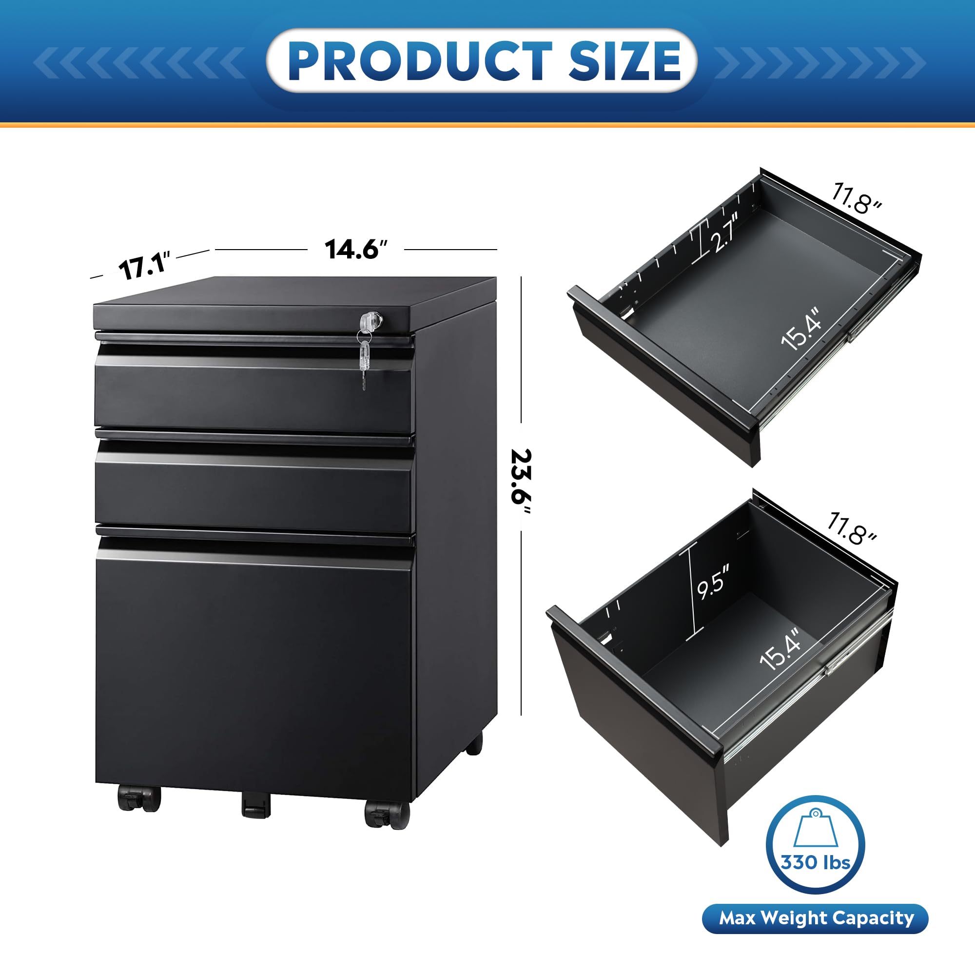 3 Drawer Mobile File Cabinet with Lock
