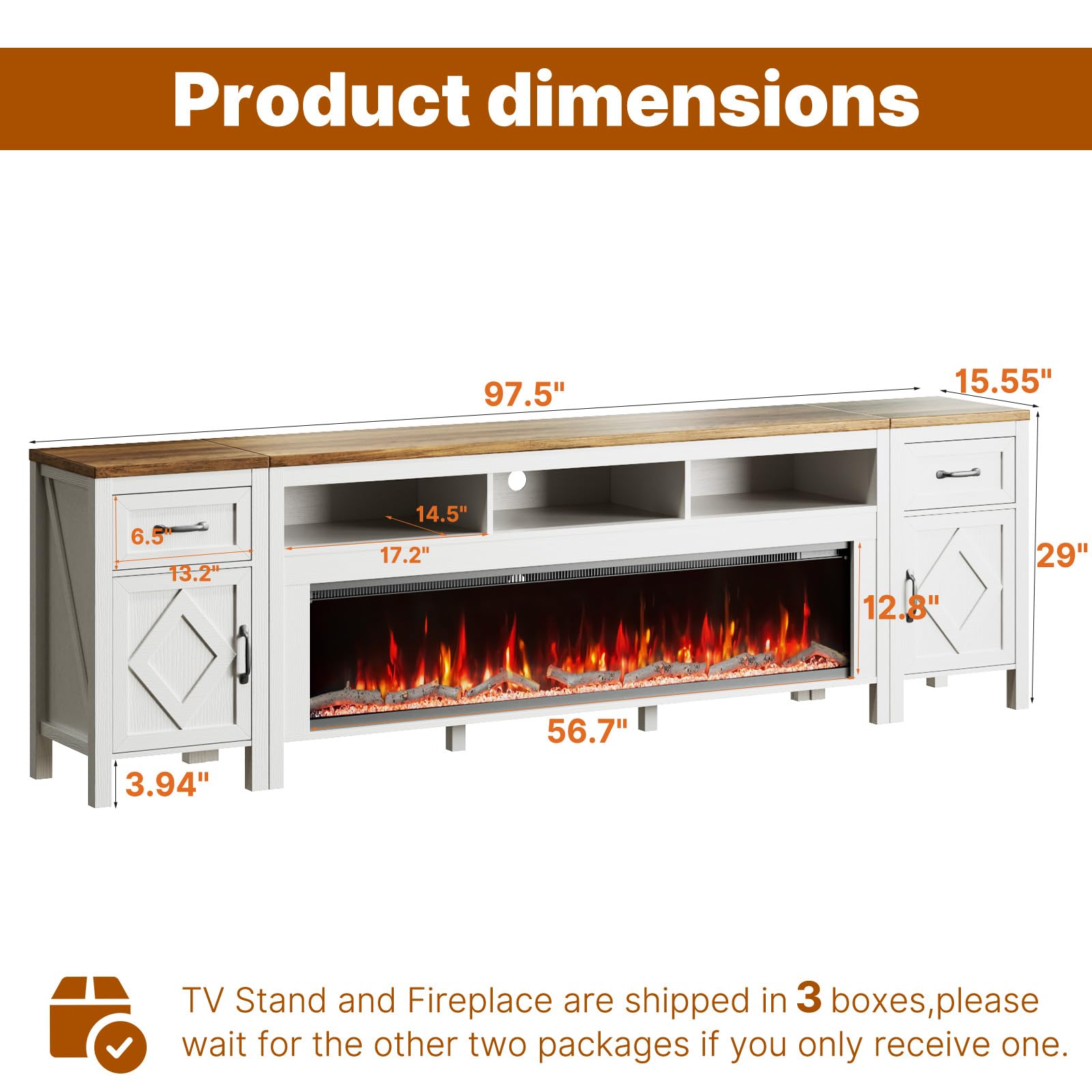 98 Inch Fireplace TV Stand with Electric Fireplace and Storage