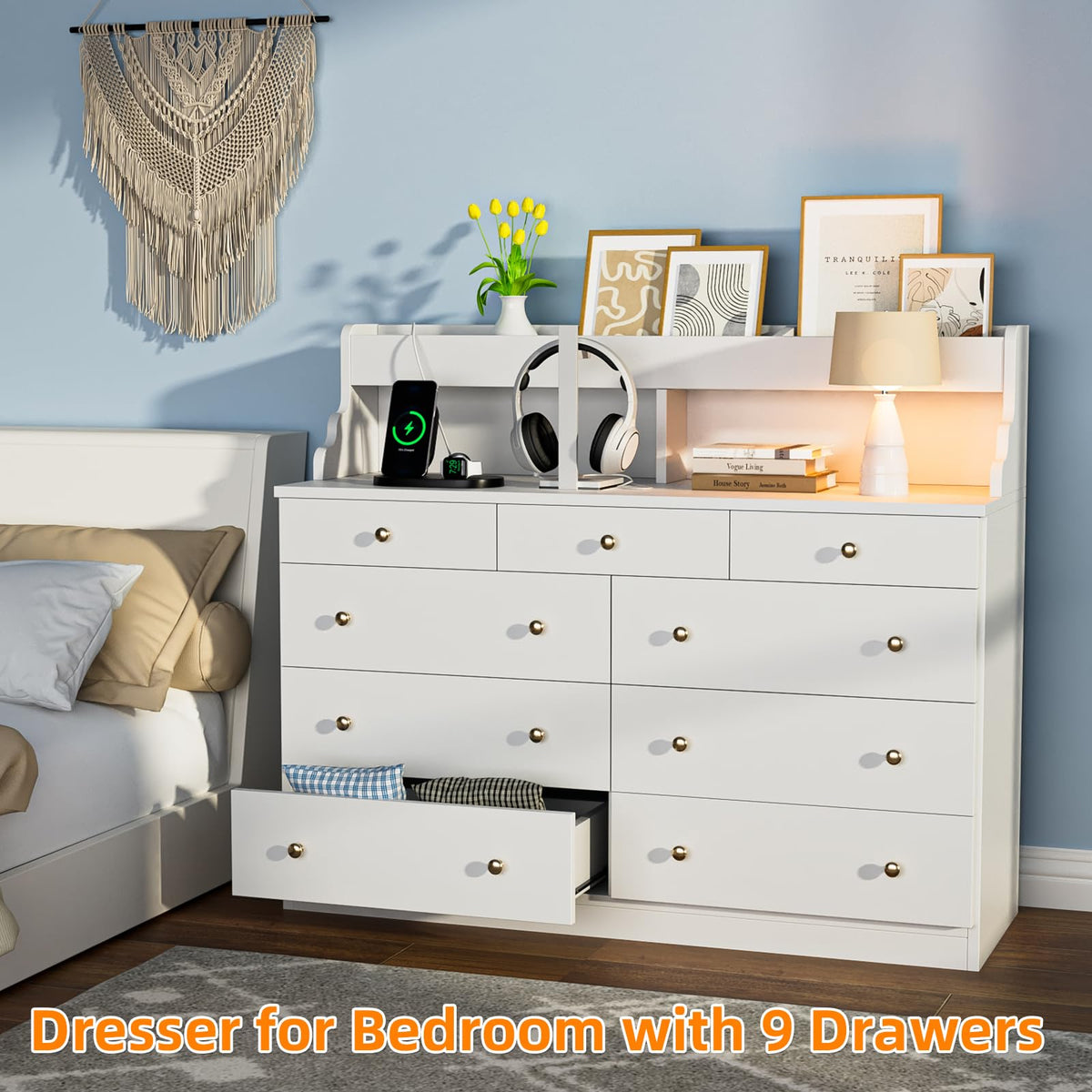 9 Drawer Dresser with LED Light and Power Outlet