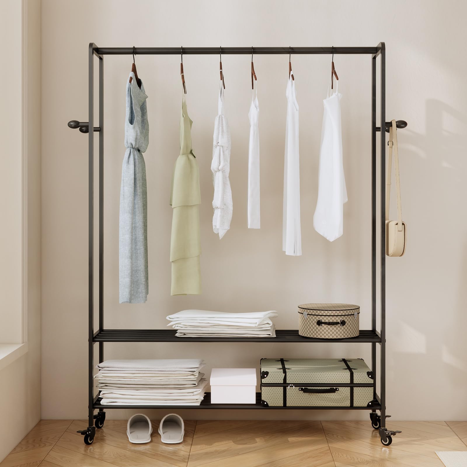 Rolling Garment Rack with Shelves and Hooks