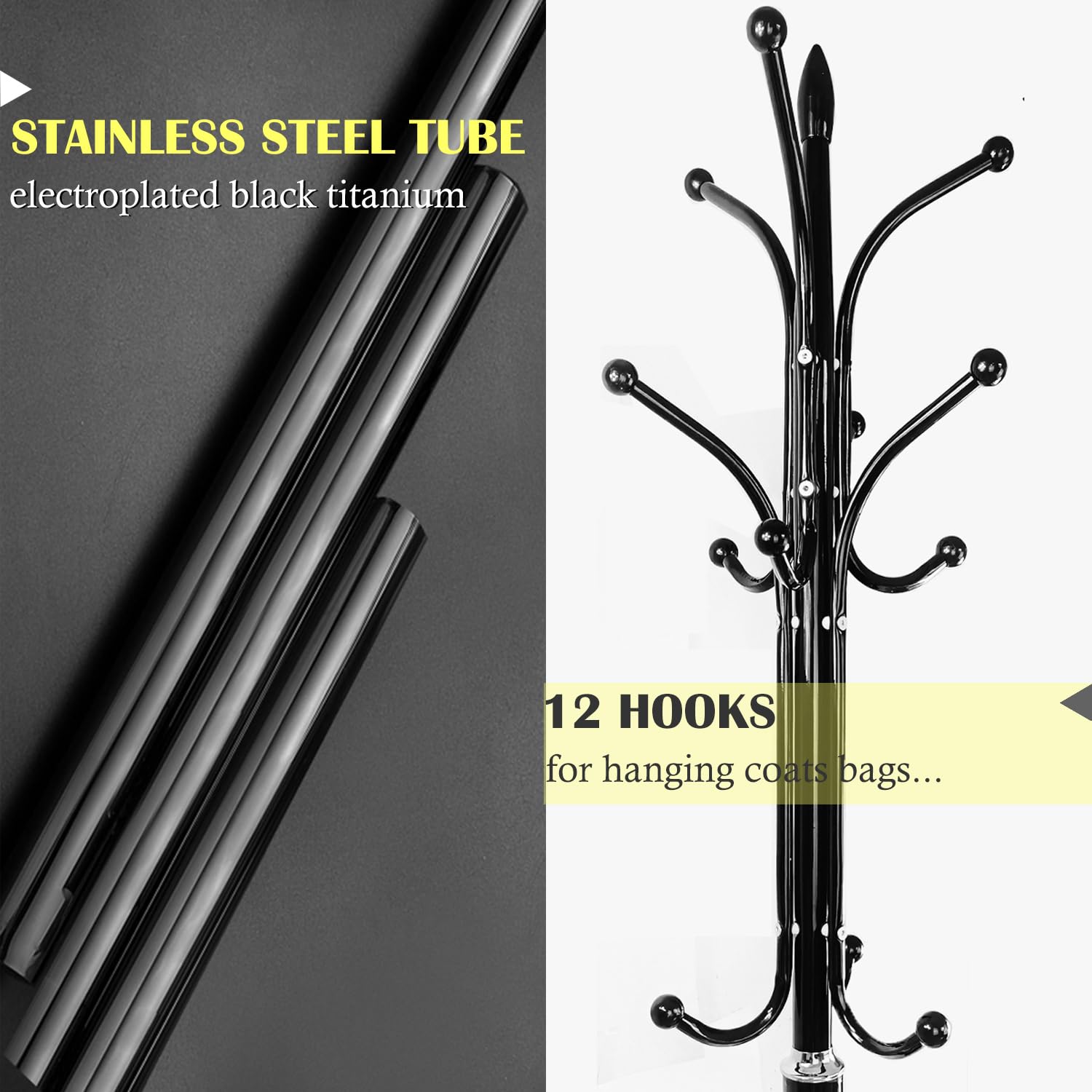 Metal Coat Rack Stand with Marble Base and 12 Hooks