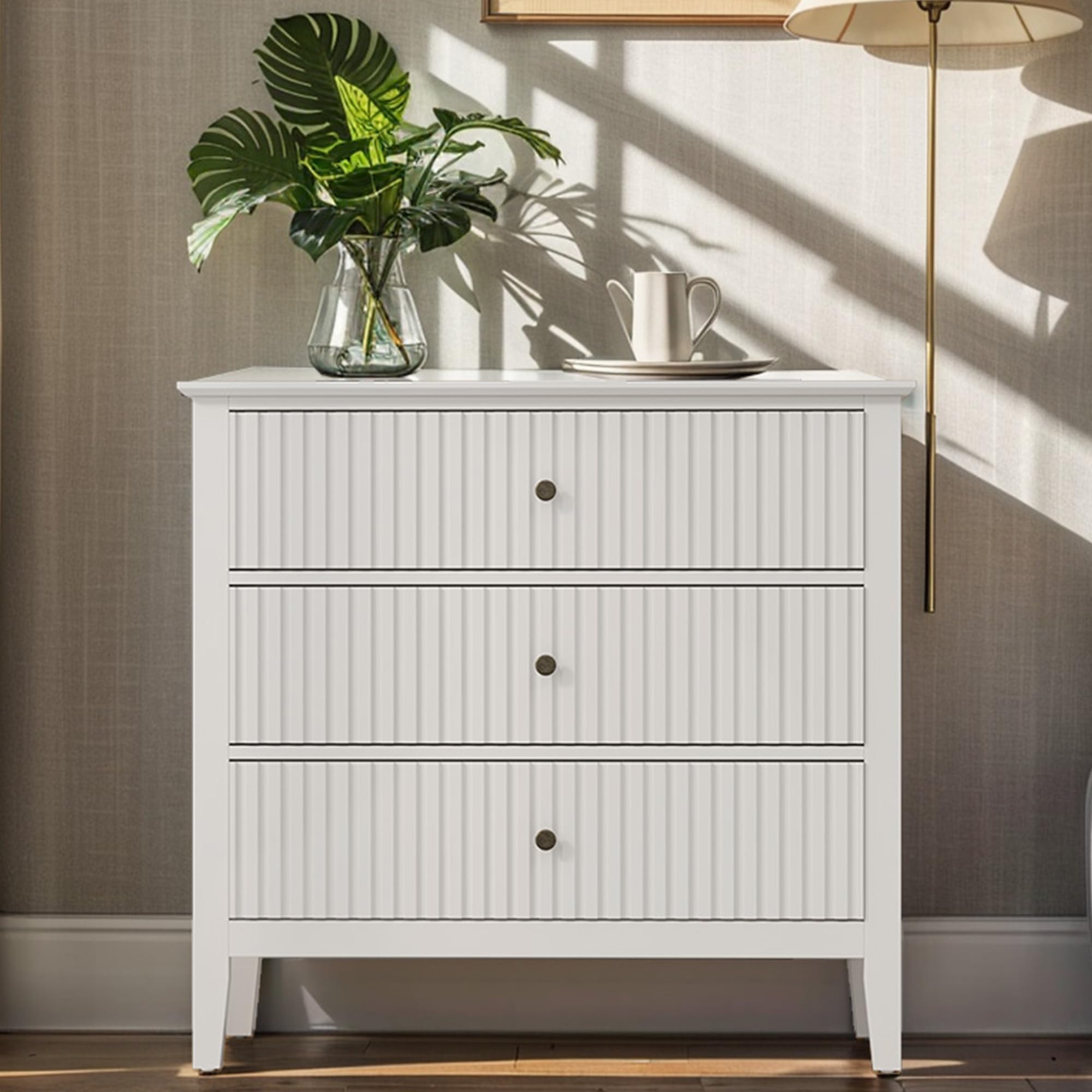 White 3 Drawer Dresser with Fluted Panel