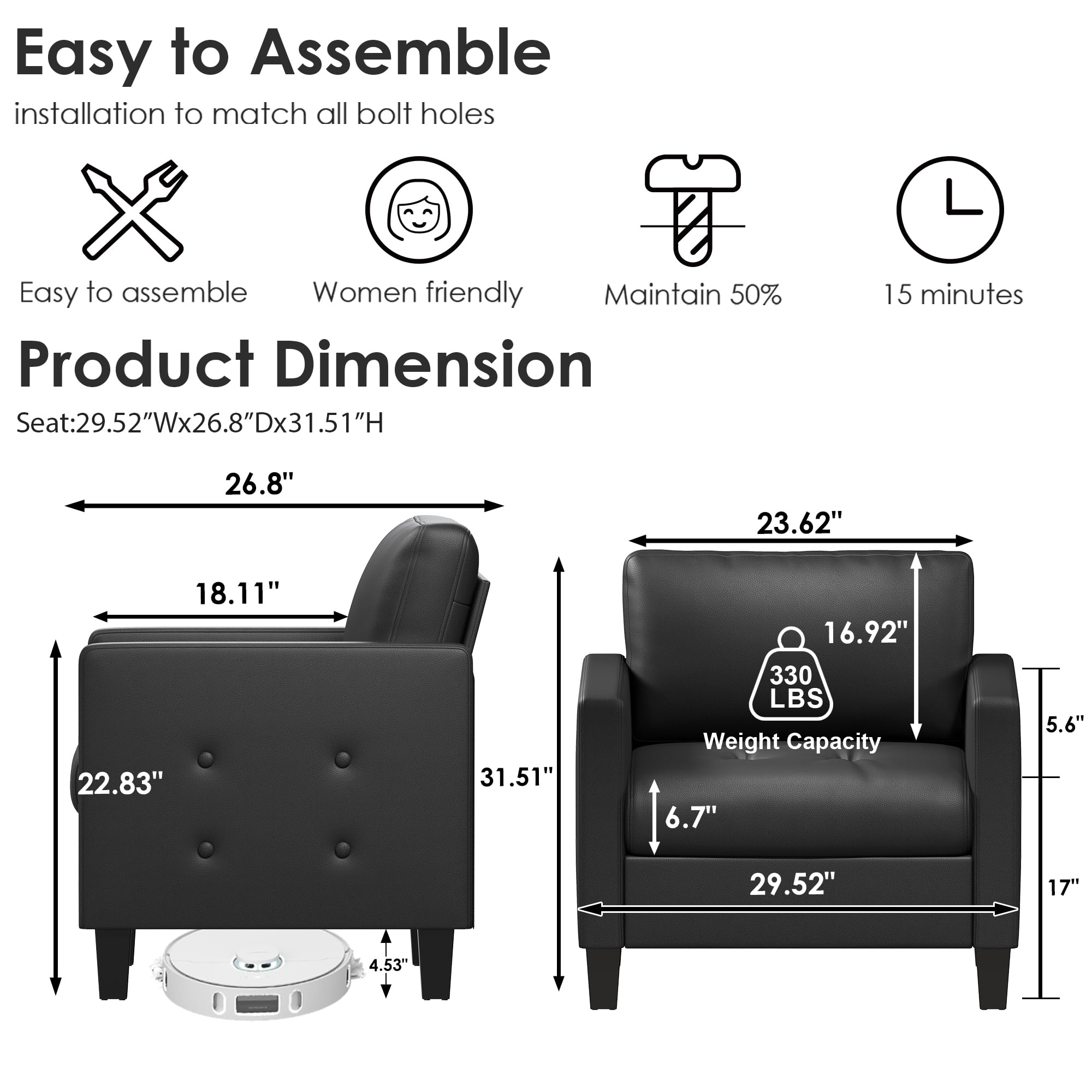 STHOUYN Accent Chair, Black Faux Leather Chair, Mid-Century Modern Living Room Chairs, Cozy Office Reading Chair with Tufted Seat and Armrest, Reception Armchairs for Bedroom, Waiting Room (1)