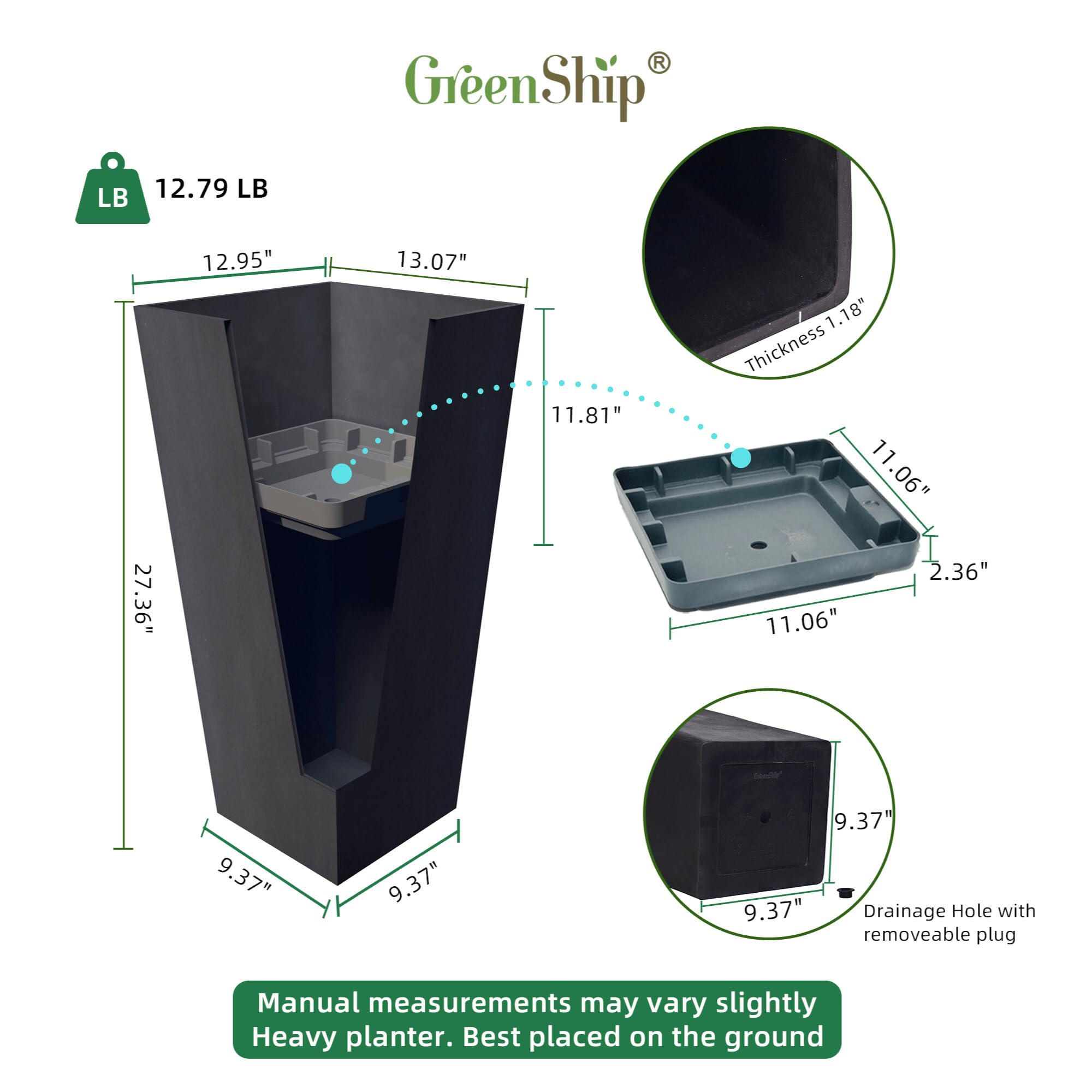 27" Tall Planters Set of 2 Black Outdoor Weather-Resistant with Drainage