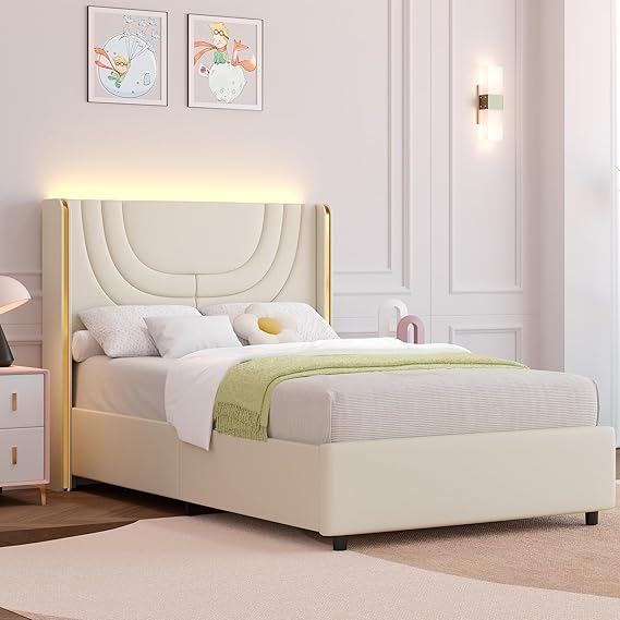 Full Size LED Bed Frame with Upholstered Wingback Headboard