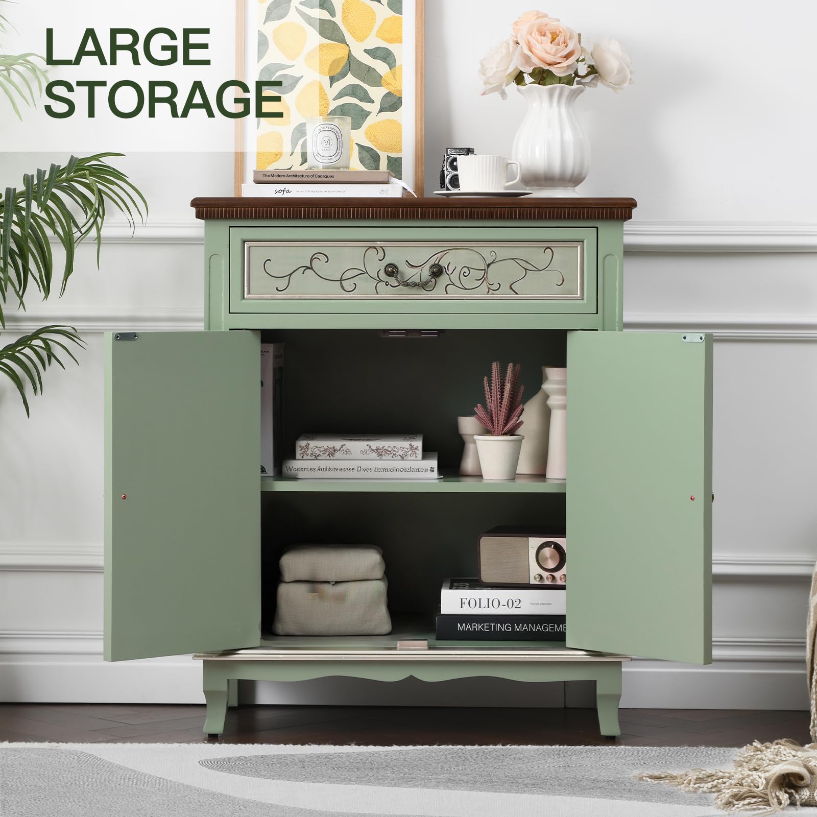 Vintage Green Accent Cabinet with Textured Doors