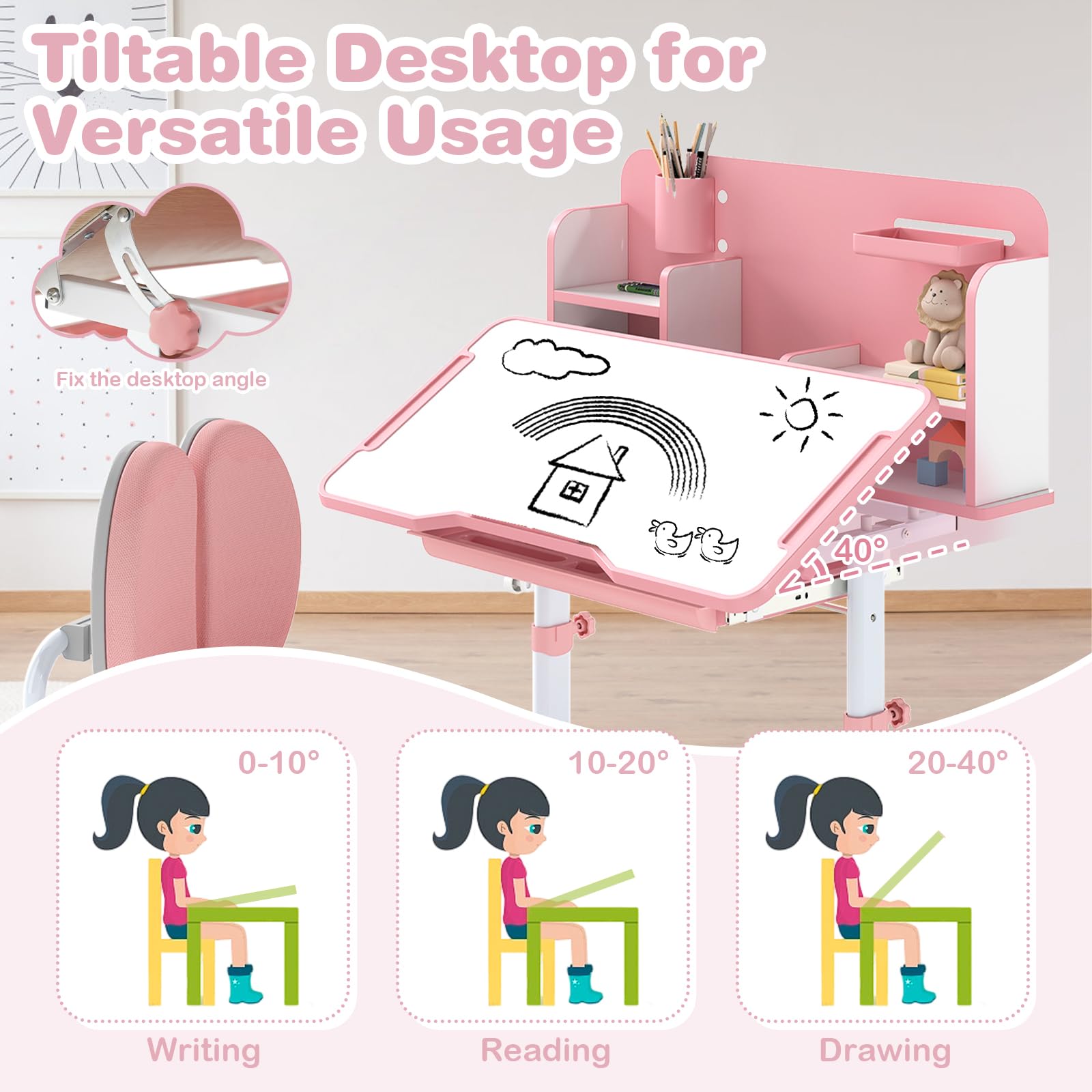 Kids Height-Adjustable Study Desk and Chair Set