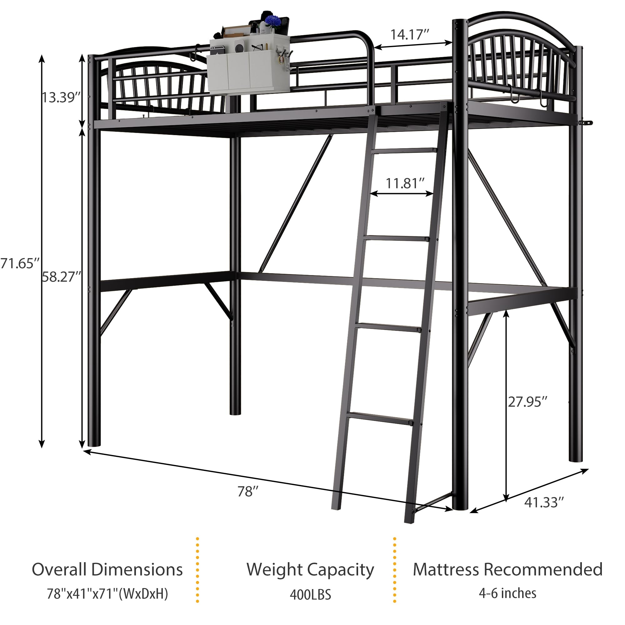 Metal Loft Bed Twin Size with Bedside Caddy and Convertible Ladder