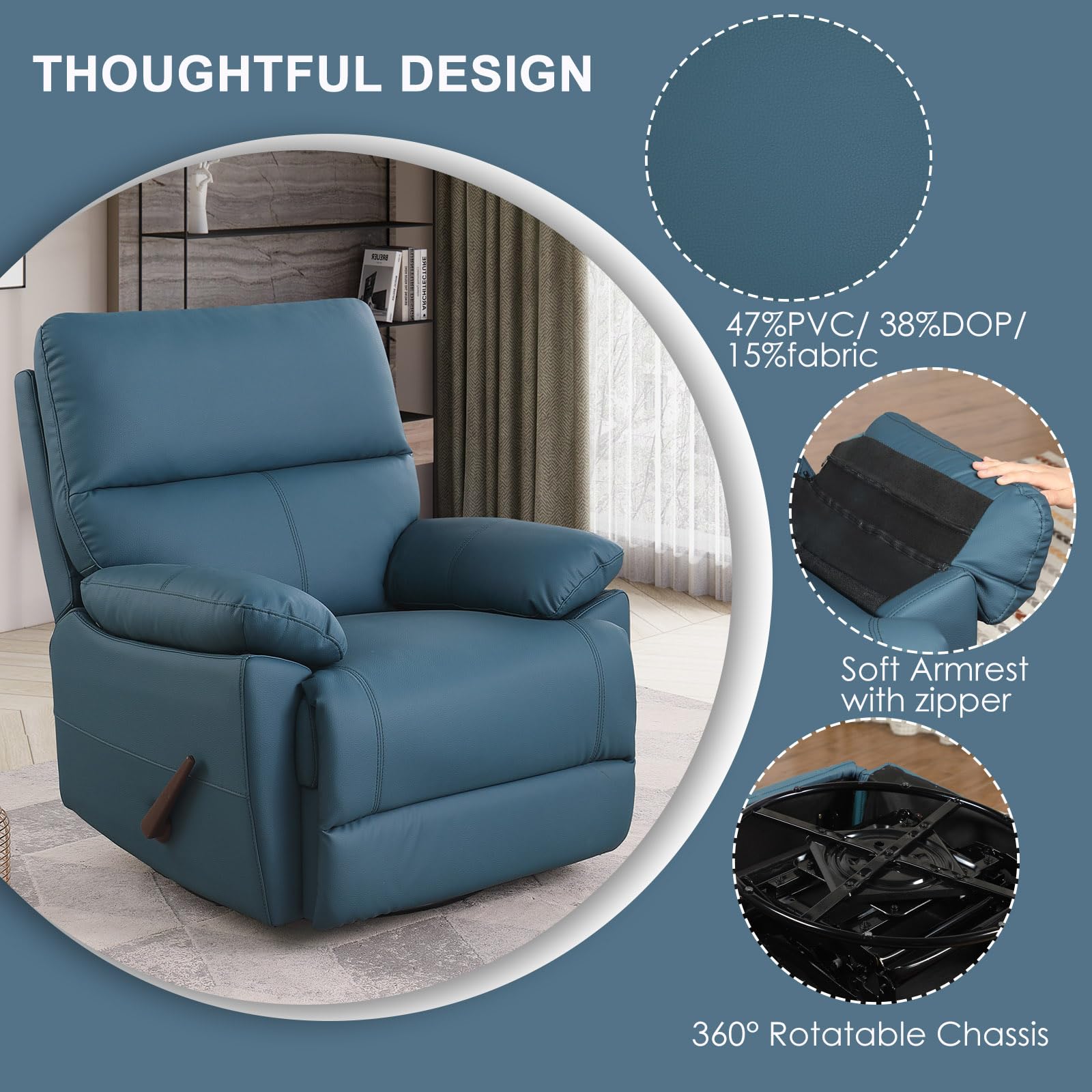 poplarbox Manual Recliner Chair with Lever Handle, 360° Swivel Elderly Rocker Recliner Chairs, Single Seat upholstered Recliner Sofa Chair for Living Room, Apartment (Blue)