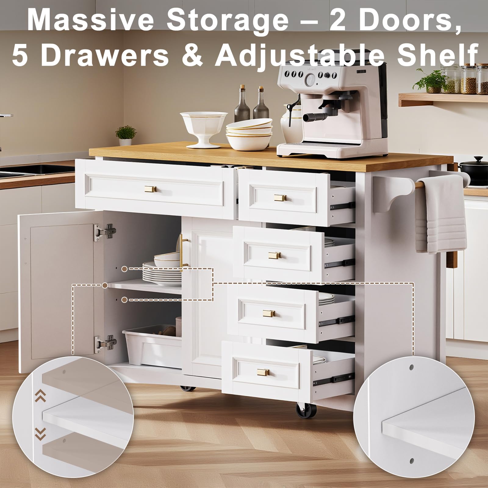 52" Retro Kitchen Island with Storage and Drop Leaf