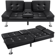 Convertible Futon Sofa Bed with Cup Holders - Faux Leather Recliner Couch