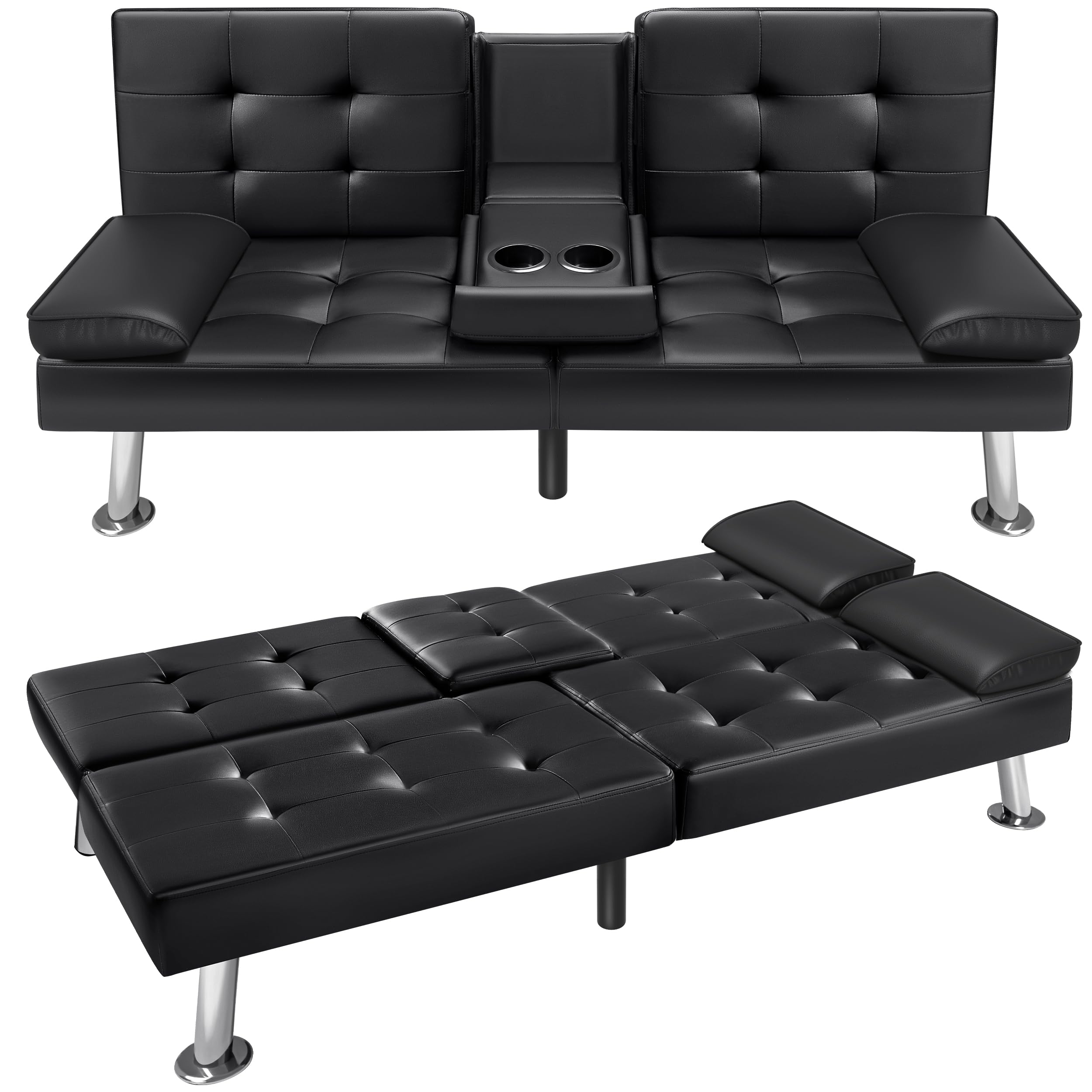 Convertible Futon Sofa Bed with Cup Holders - Faux Leather Recliner Couch
