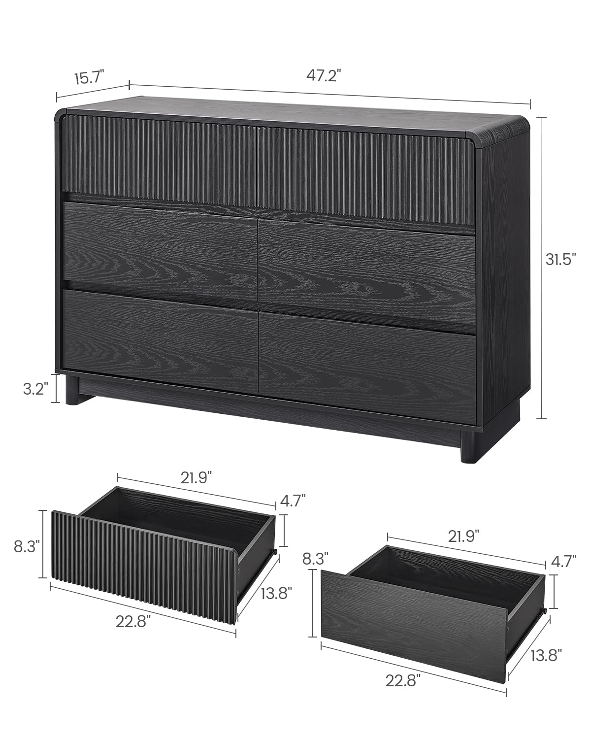 Modern 6 Drawer Dresser with Curved Profile