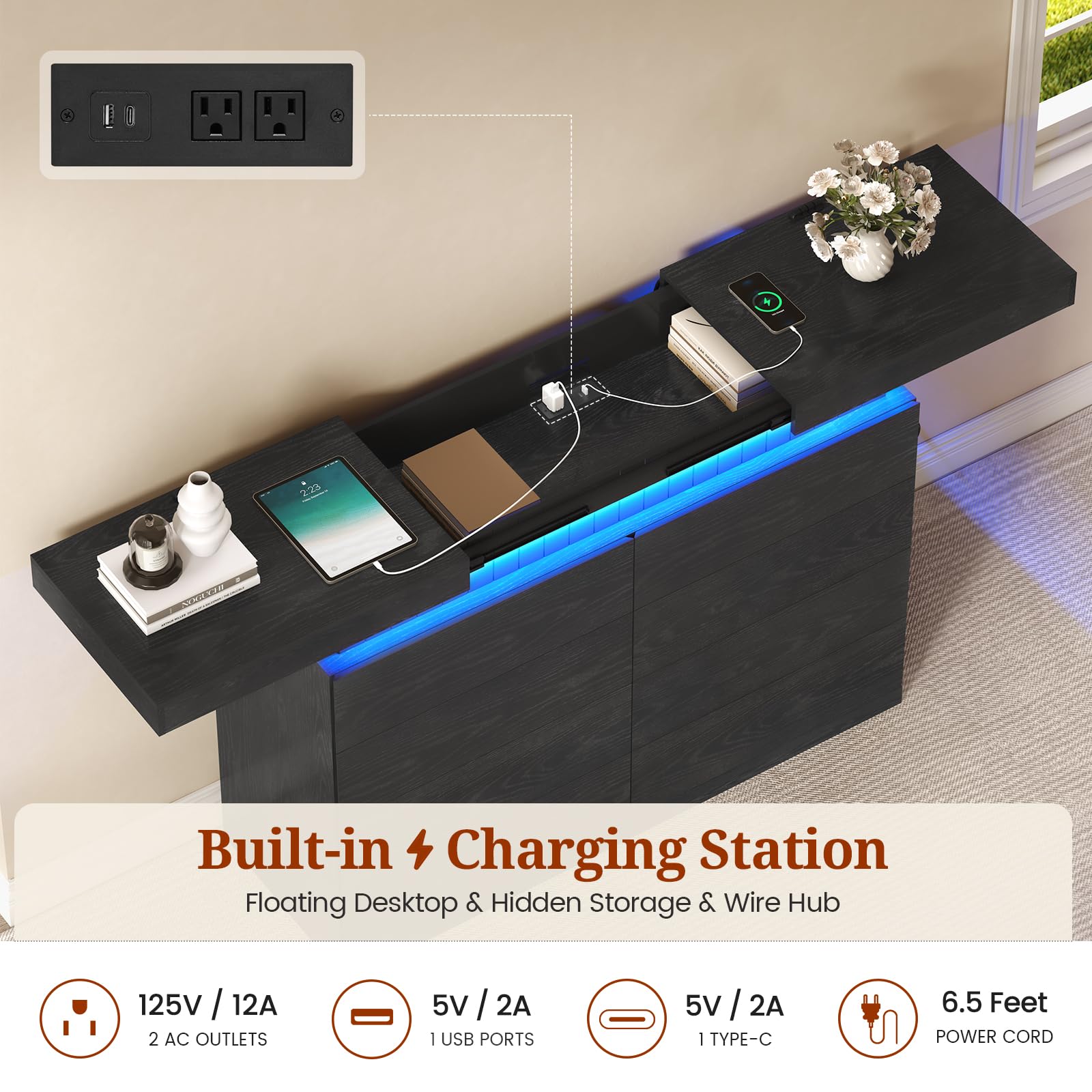Tall Black 8-Drawer Dresser with LED Light and Power Outlet