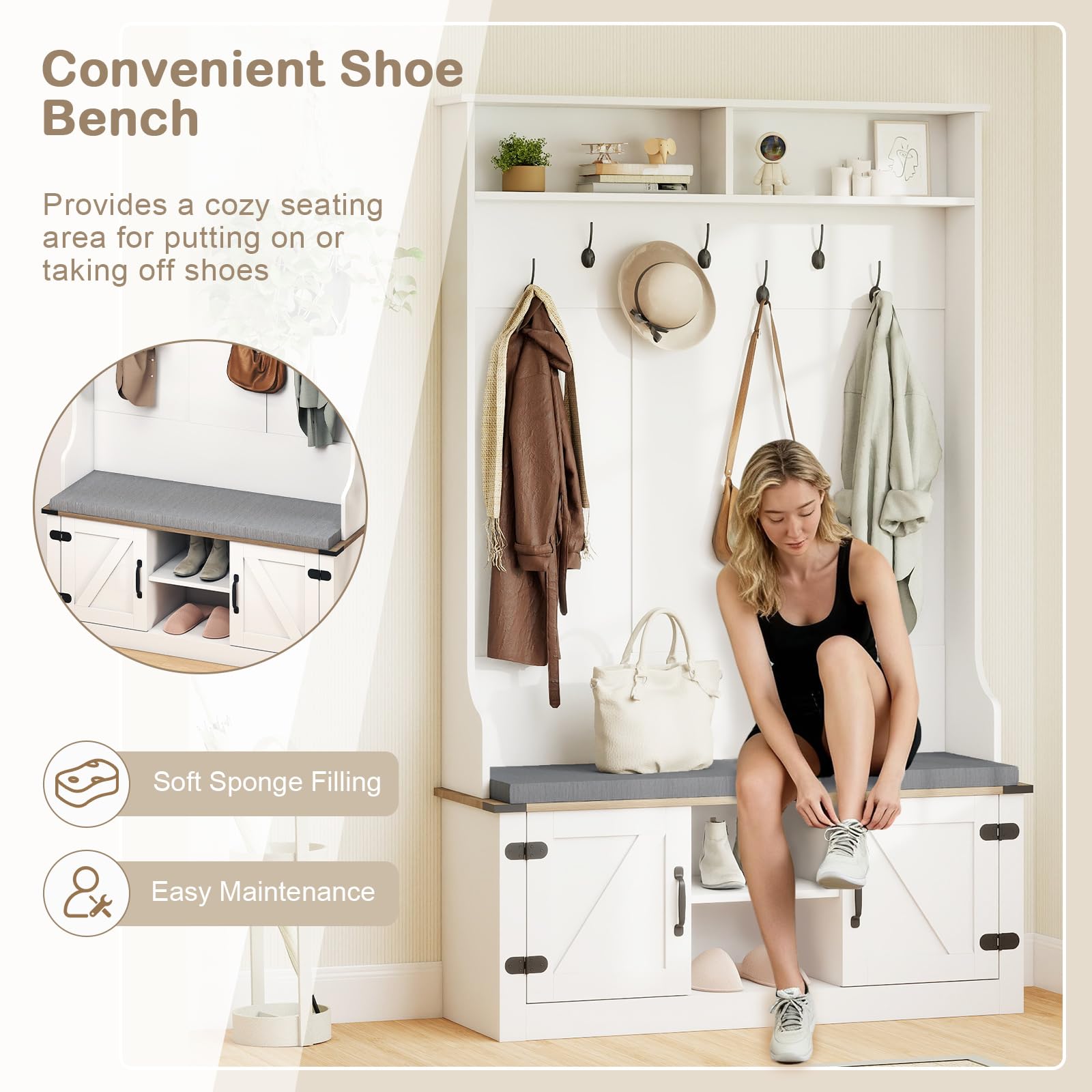 Hall Tree with Cushioned Bench and Shoe Storage