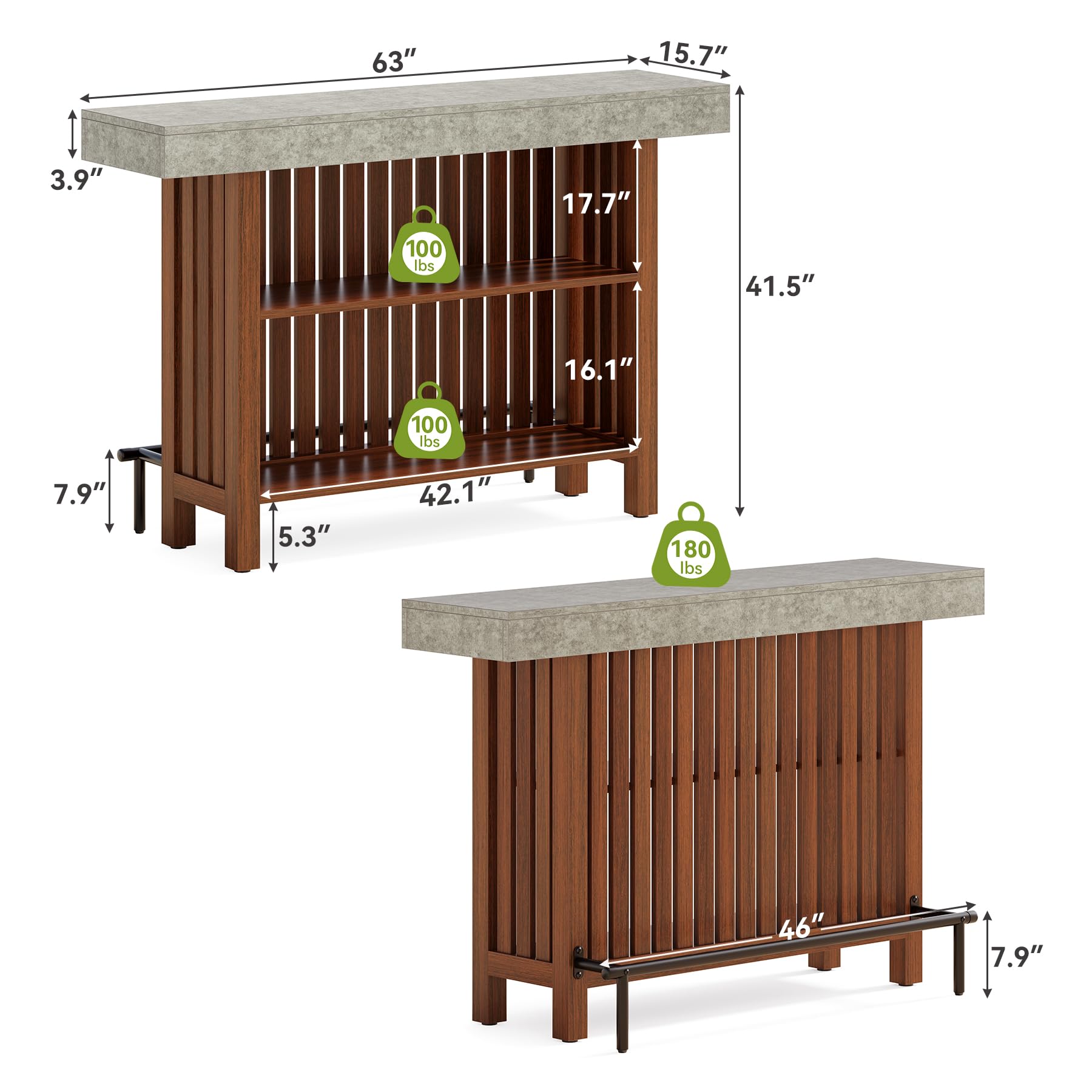 63-Inch Home Bar Table with 2-Tier Storage