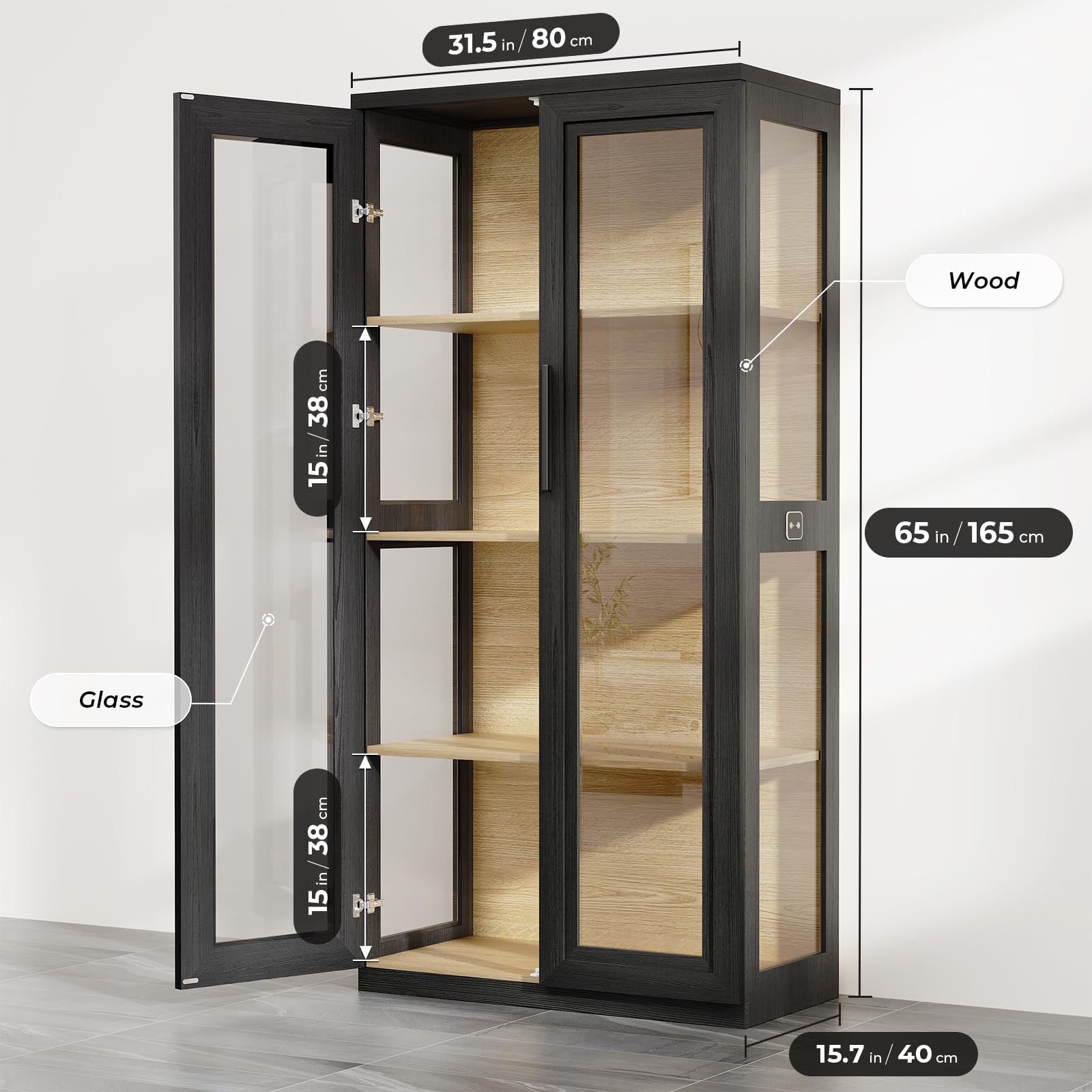 Curio Cabinet with Glass Doors and LED Lights