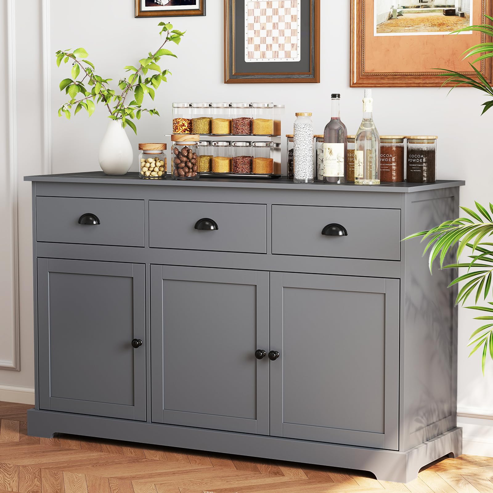 Grey Sideboard Buffet Cabinet with 3 Drawers and 2 Doors