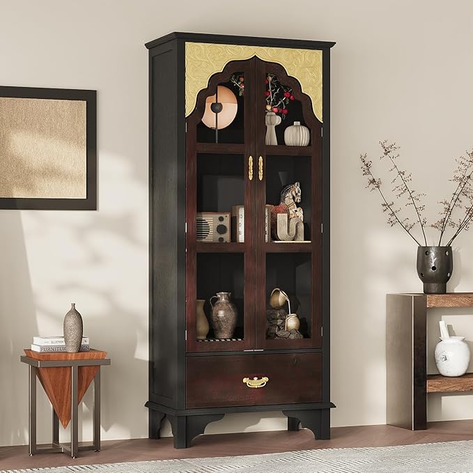 70.9" Kitchen Pantry Cabinet with Glass Doors and Drawer