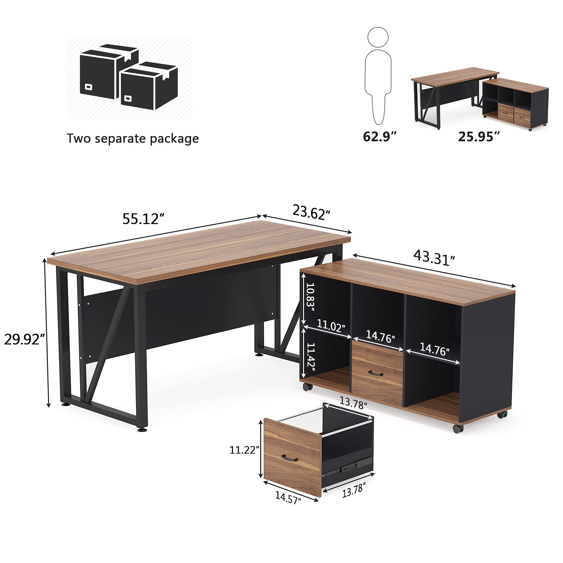 55" L-Shaped Executive Desk with File Cabinet