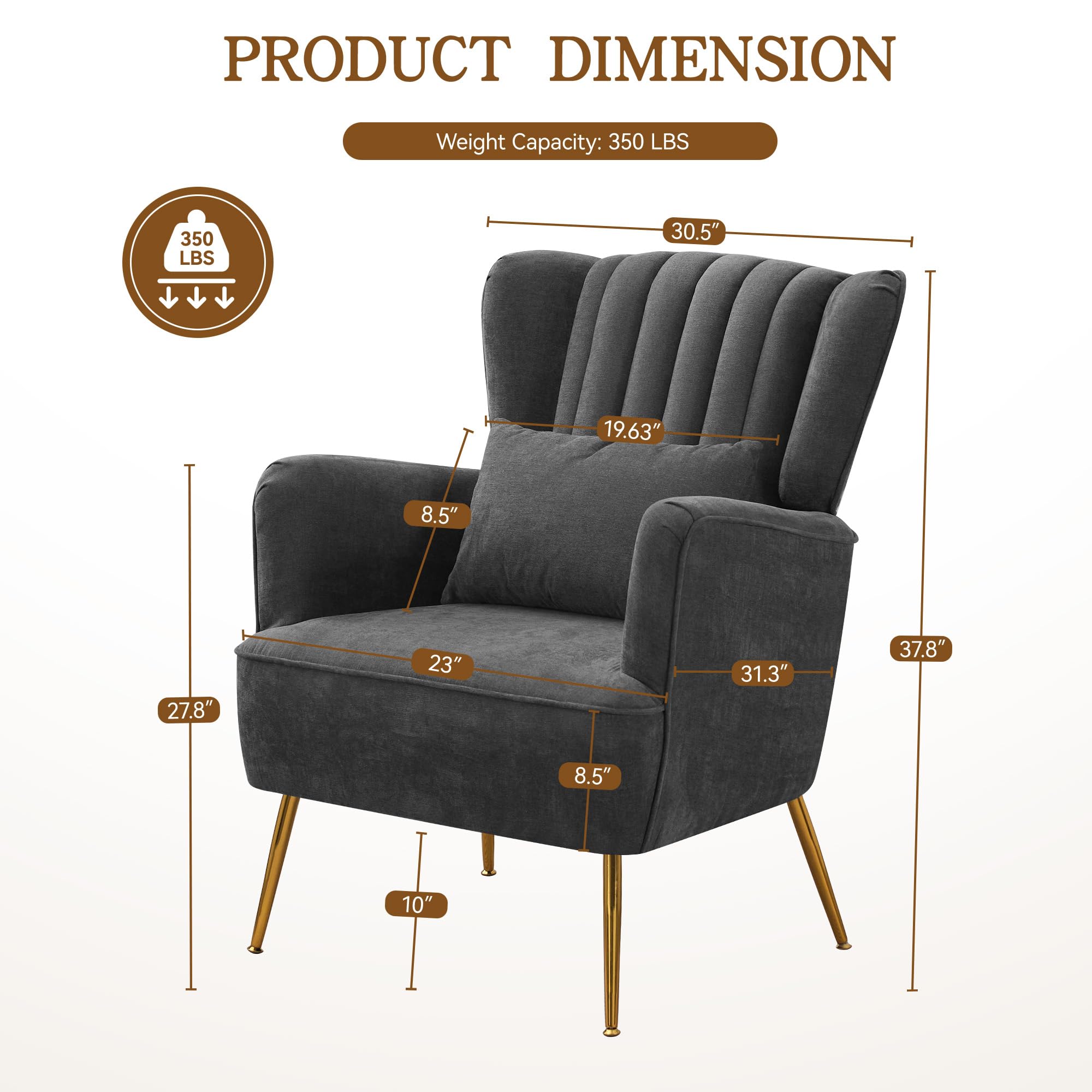 Fabric Accent Arm Chair Set of 2 with Pillow & Golden Legs