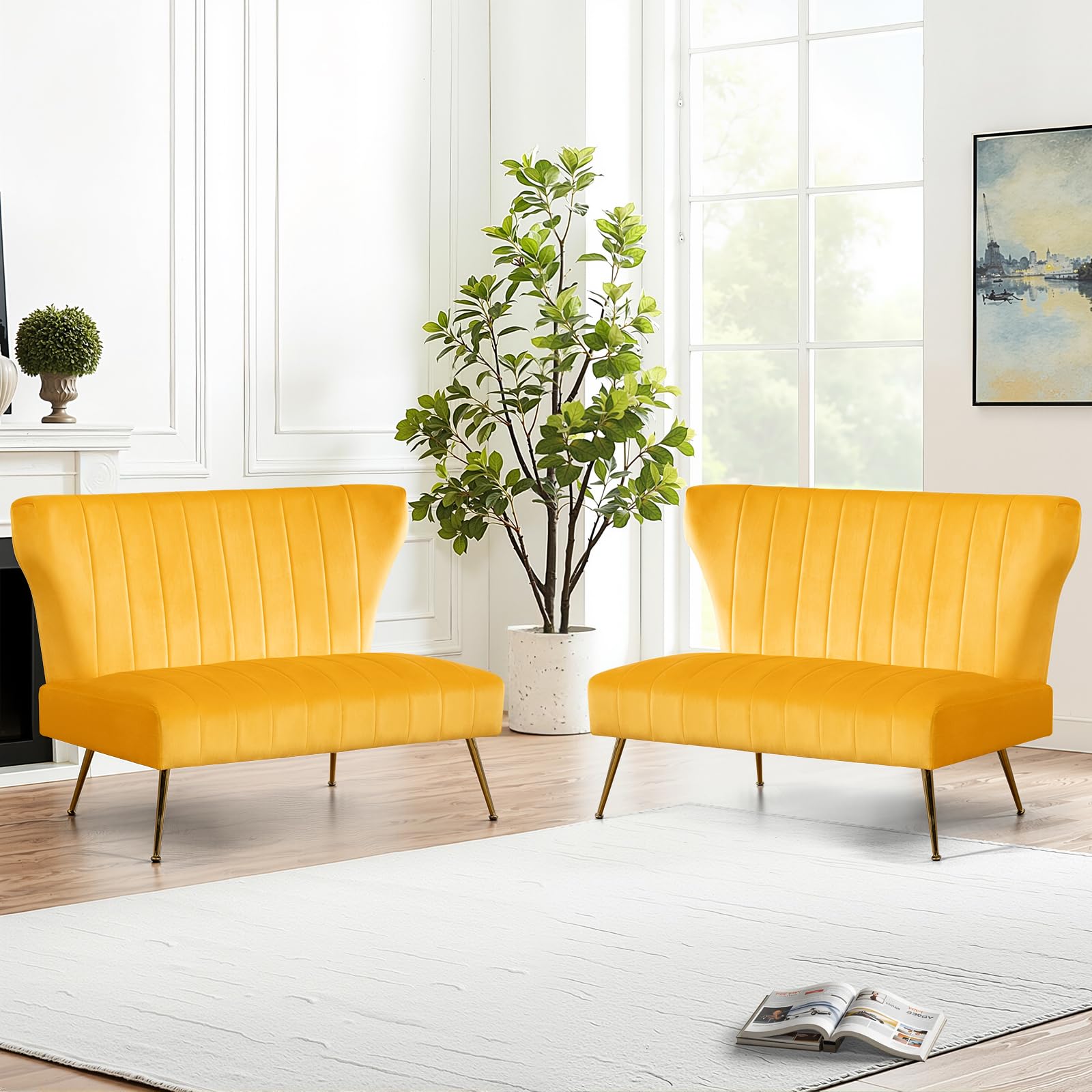 Yellow Velvet Loveseat with Gold Legs