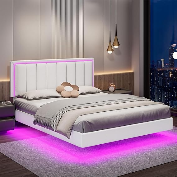 King Floating Bed Frame with LED Lights