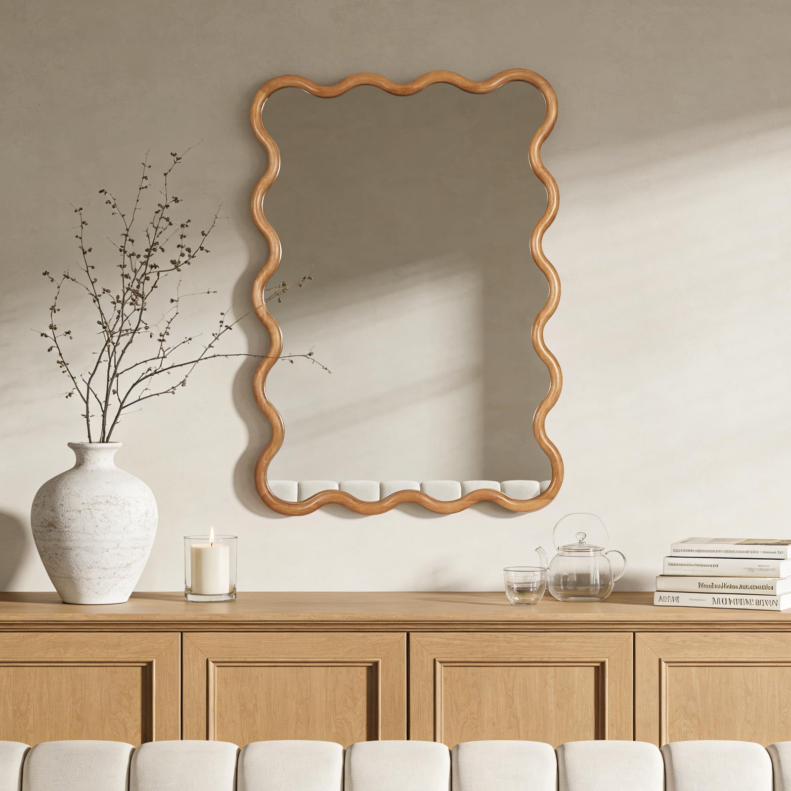 Wavy Wood Mirror 40x28 Inch Natural Finish